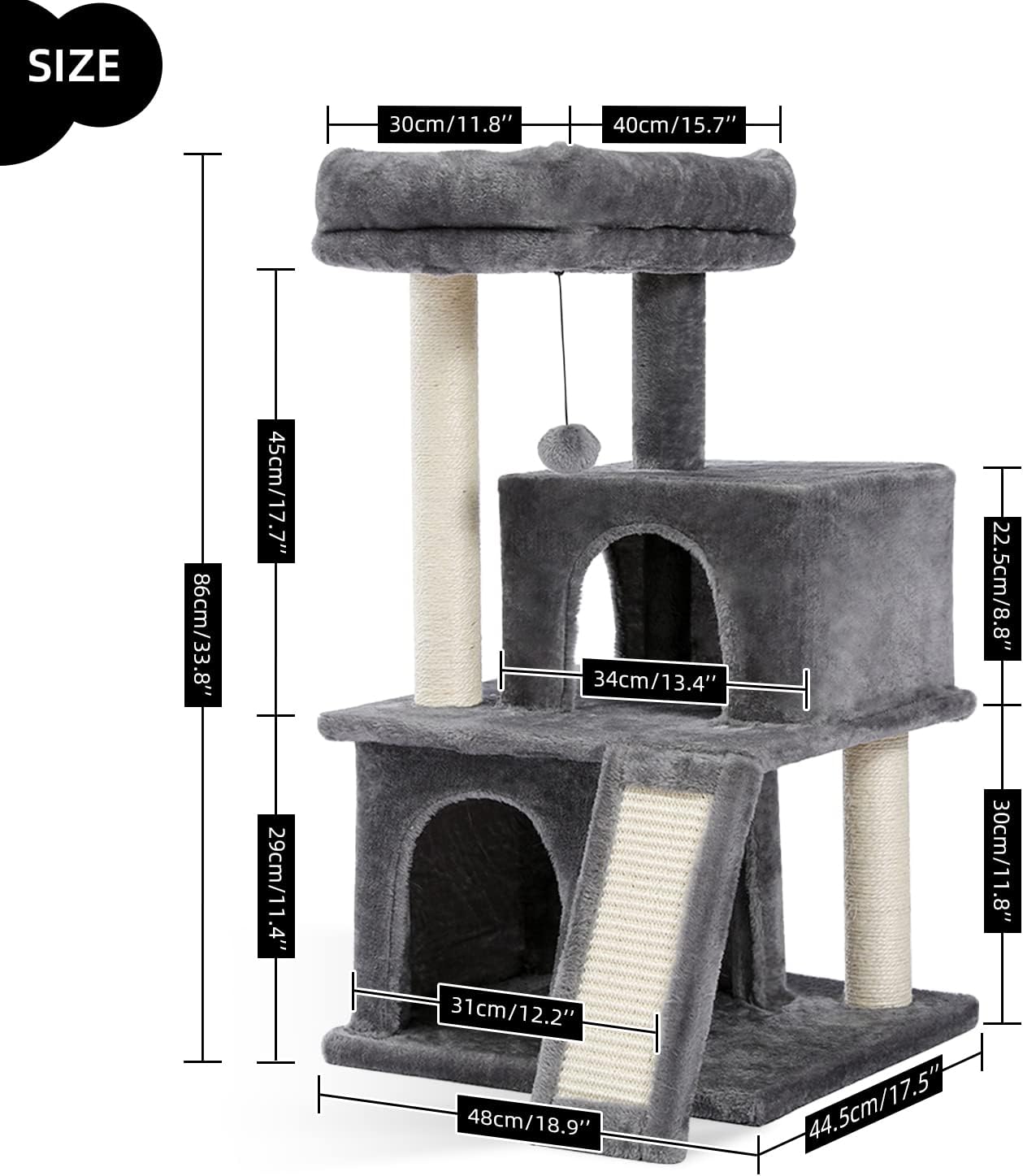 Thumbnail 5 de PETEPELA Cat Tree 90cm: Double Condos, Removable Perch and Fully Wrapped Scratching Posts
