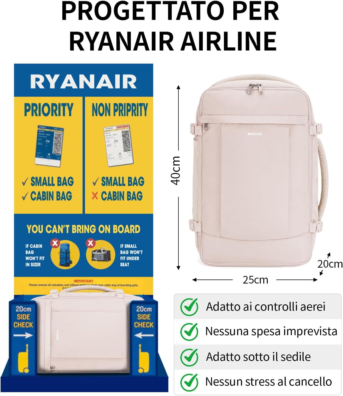 Detalle 2 de ECOHUB Zaino da viaggio 20L Ryanair 40x20x25 – Zaino impermeabile riciclato con scomparto per laptop 3D