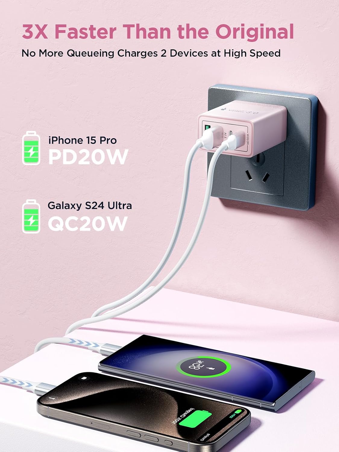 Detalle de Aioneus HNT-PD2002RZ 40W 4-Port USB-C Wall Charger, Pink