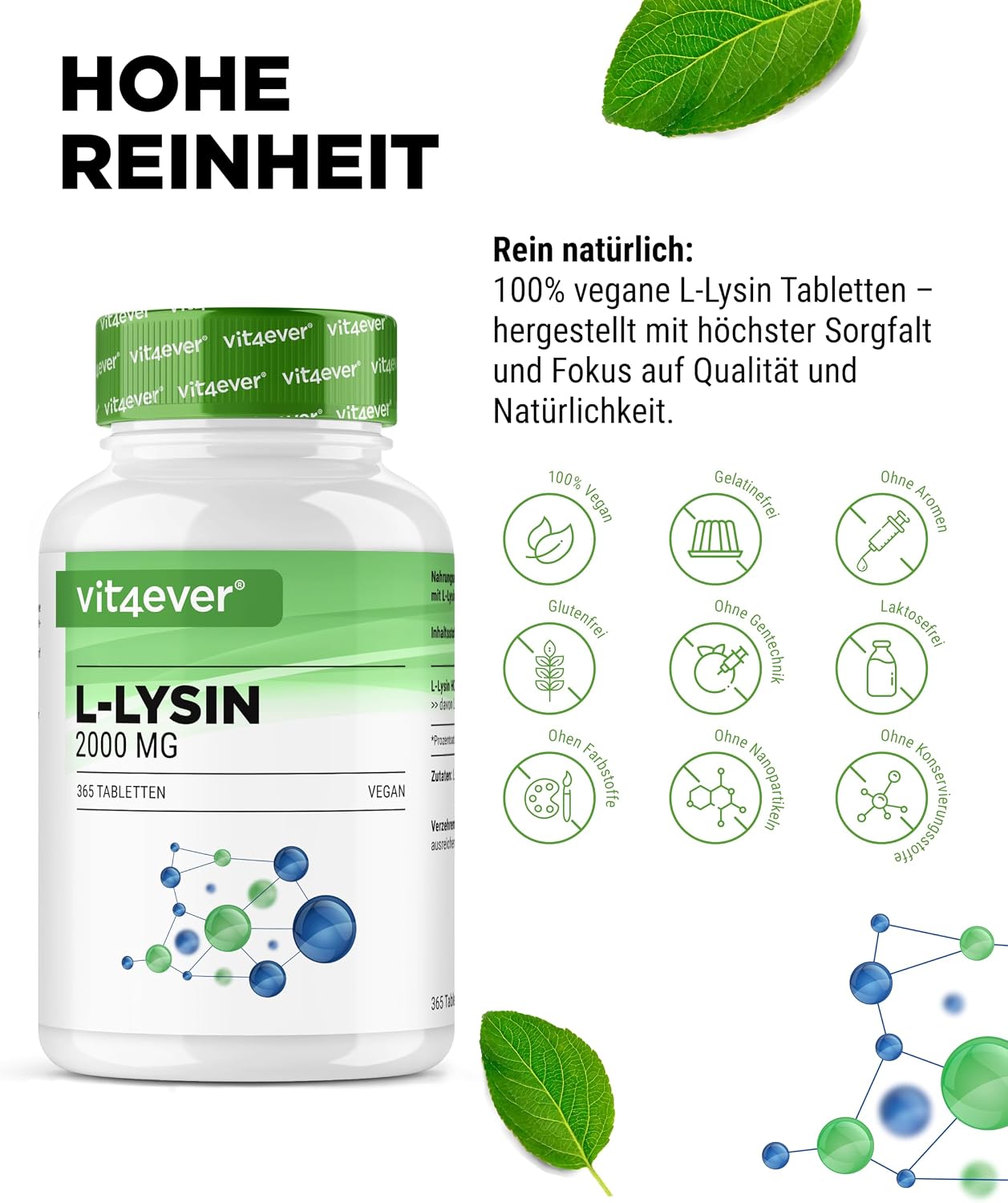 Detalle de L-Lysin 2000 mg (365 Tabletten) – L-Lysin HCL aus pflanzlicher Fermentation, vegan
