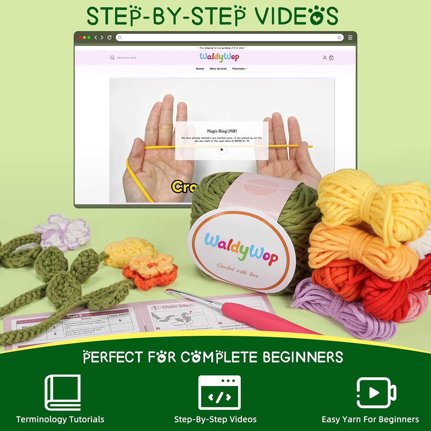 Thumbnail 3 de WaldyWop Crochet Kits for Beginners (Adults & Kids) – Flower Bookmark DIY Set with Video Tutorials