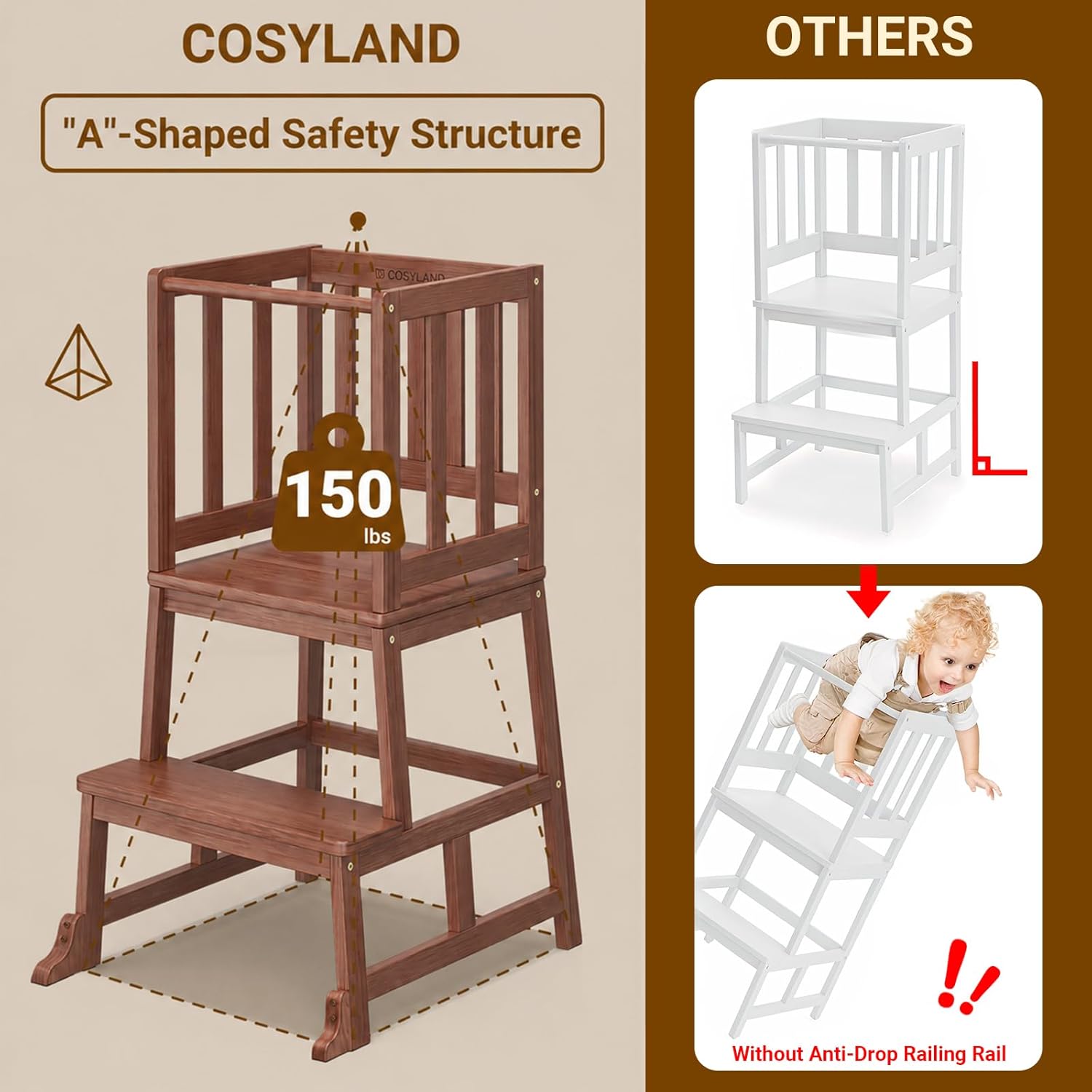 Detalle de COSYLAND Toddler Standing Tower for Kitchen – Wooden Learning Stool in Brown