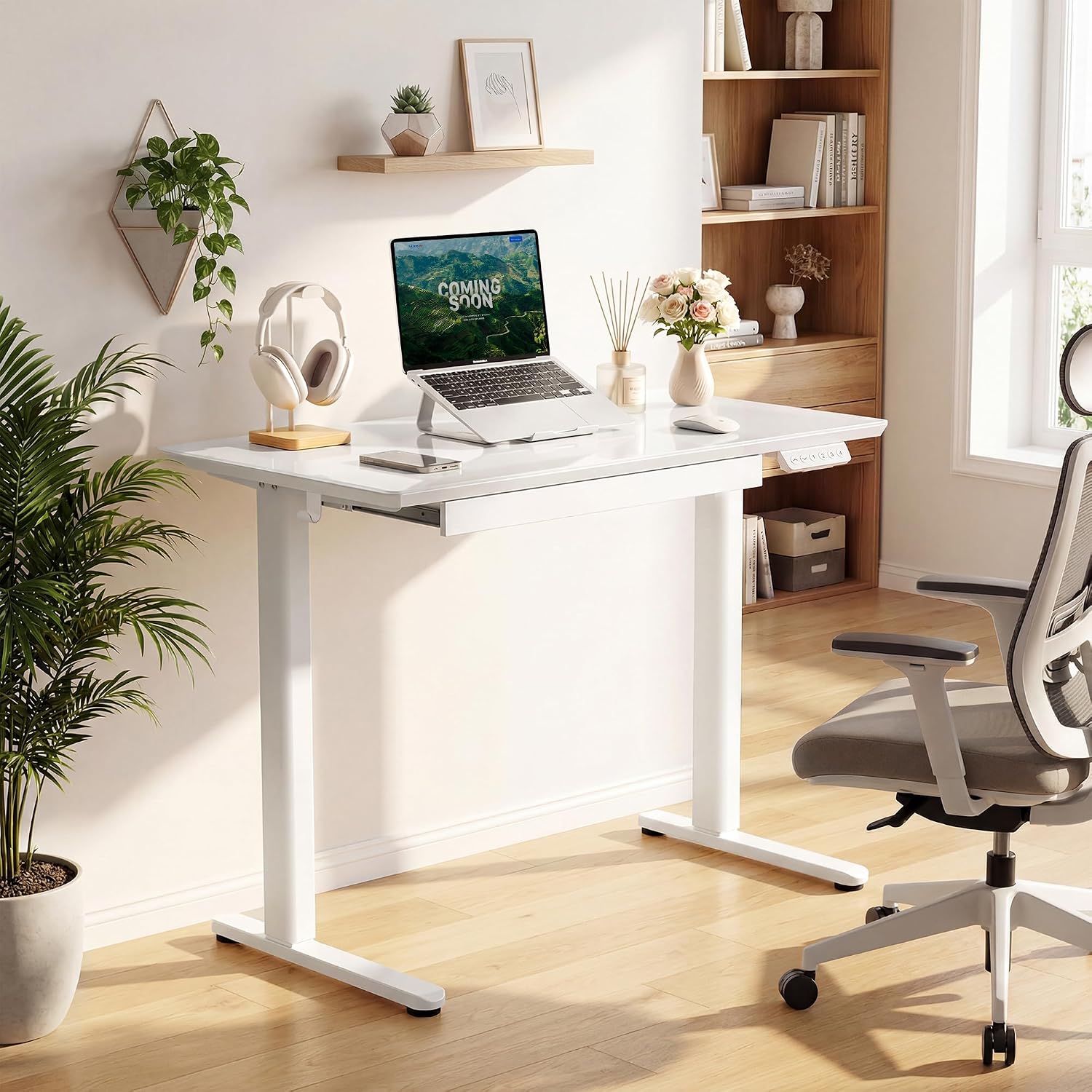 Thumbnail 1 de YDN SD-BDC-32SW-W Glass Standing Desk, 32-Inch White Top with Drawer