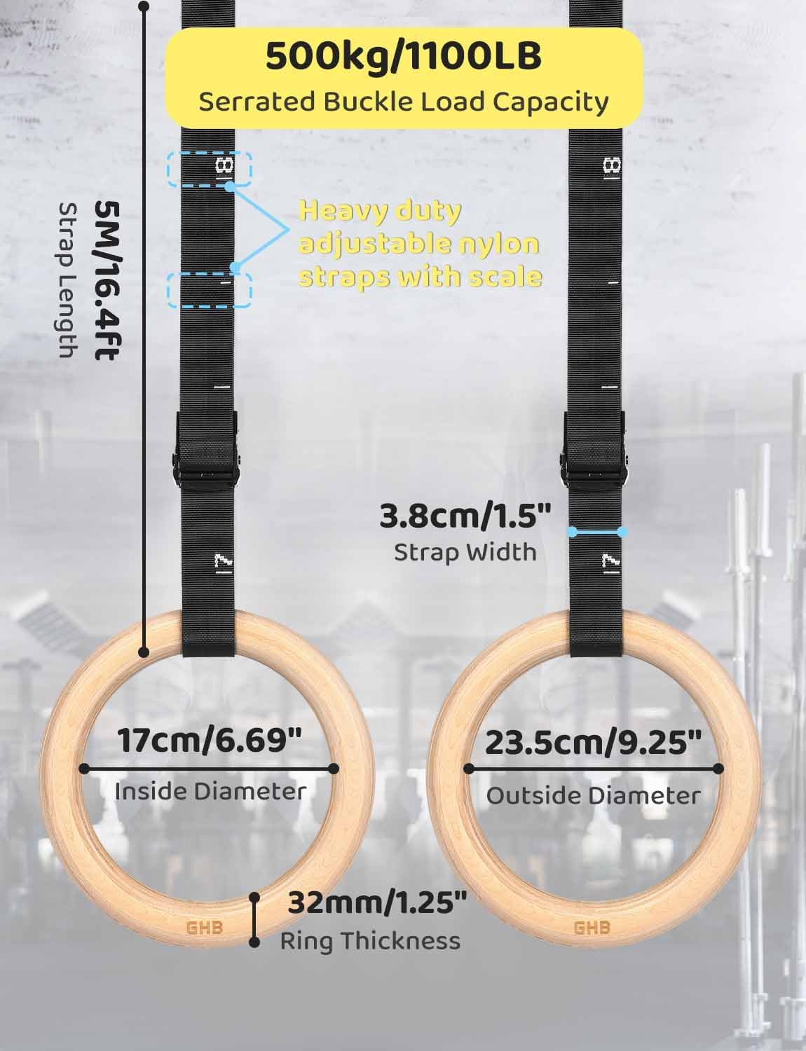 Detalle 2 de GHB TPL-95 Wooden Gymnastic Rings, 1.25-Inch Birch Rings, Adjustable Straps