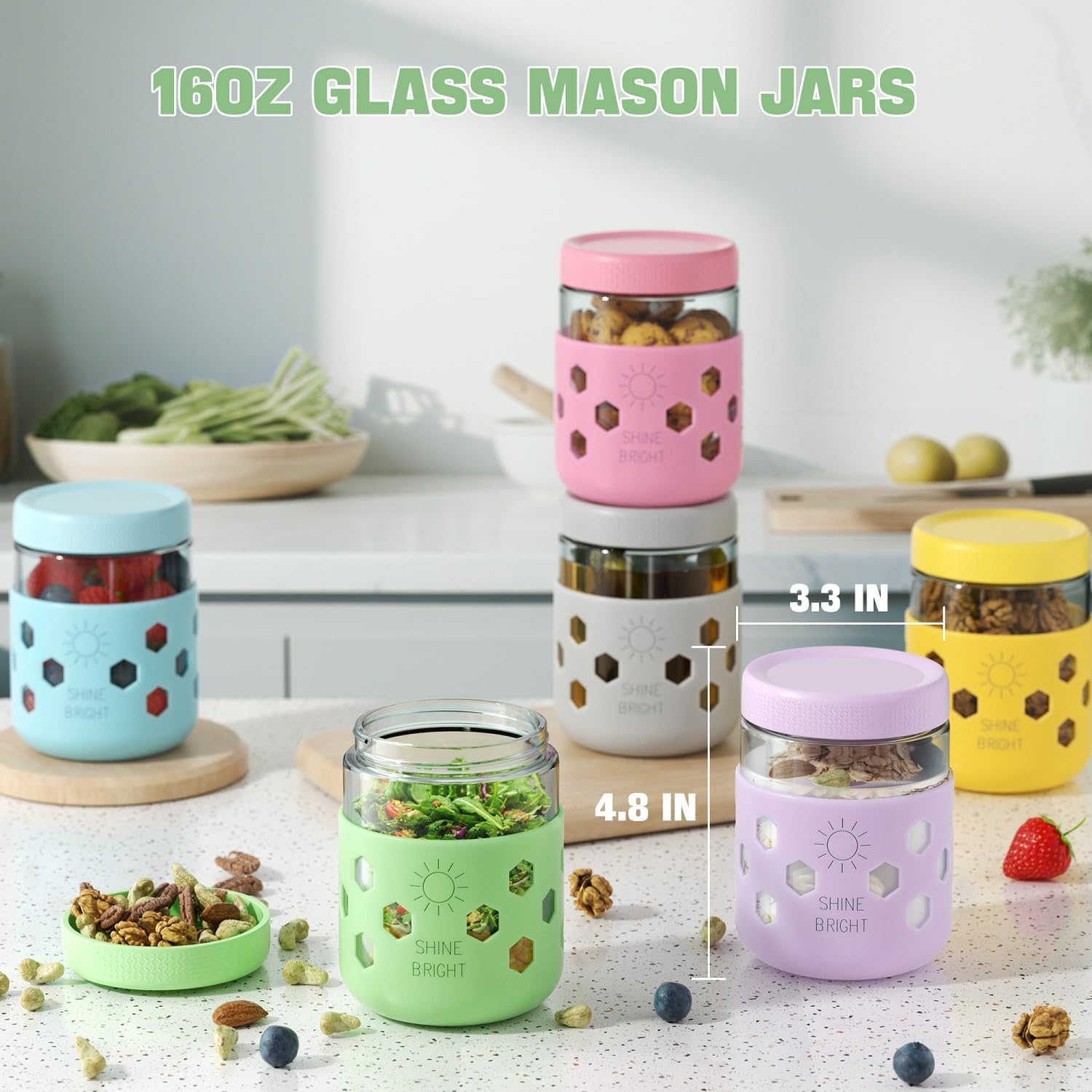 Detalle 2 de 16 oz Mason Jars Overnight Oats Containers 🍶