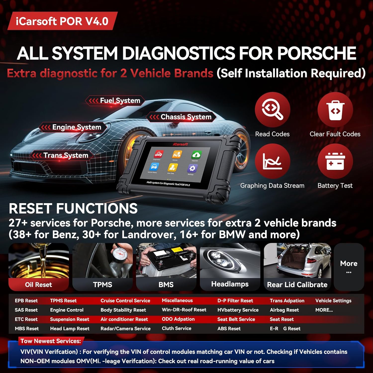 Thumbnail 1 de iCarsoft POR V4.0 Bidirectional Diagnostic Tool for Porsche + 2 Optional Brand Packs (Full System OBD2 Scanner)