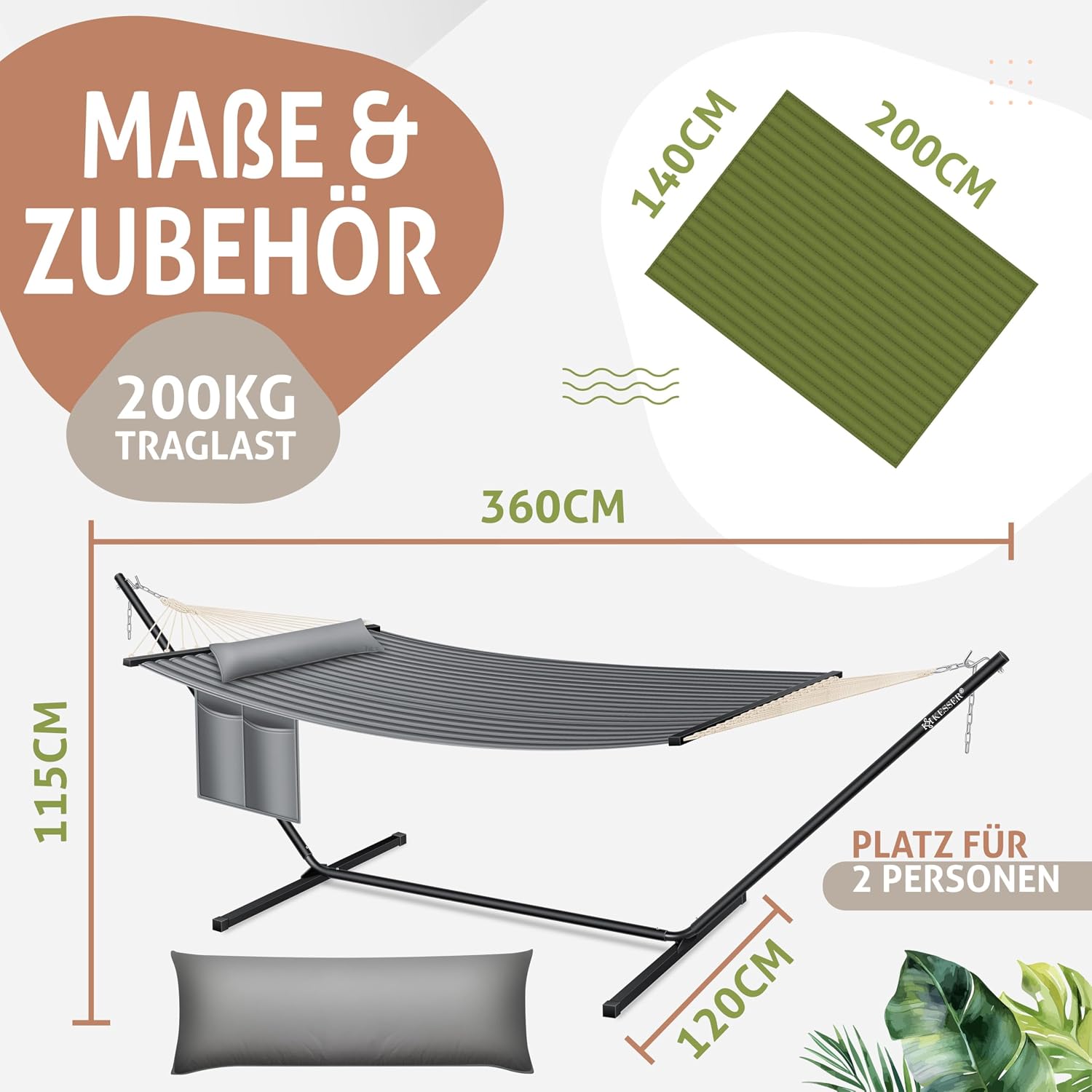 Thumbnail 6 de KESSER Hängematte Hill mit Gestell – Doppelhängematte für 2 Personen, 200 kg belastbar, Indoor & Outdoor, Grau