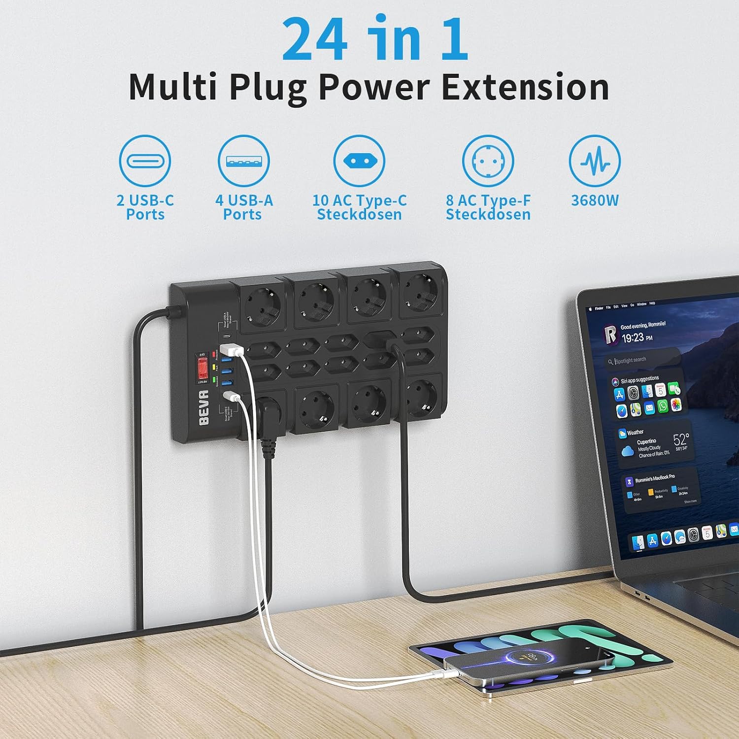 Thumbnail 1 de BEVA 18-fach Steckdosenleiste 3680 W/16 A mit Überspannungsschutz (2100 J) und 2 USB-C + 4 USB-A, Schalter, 2 m Kabel