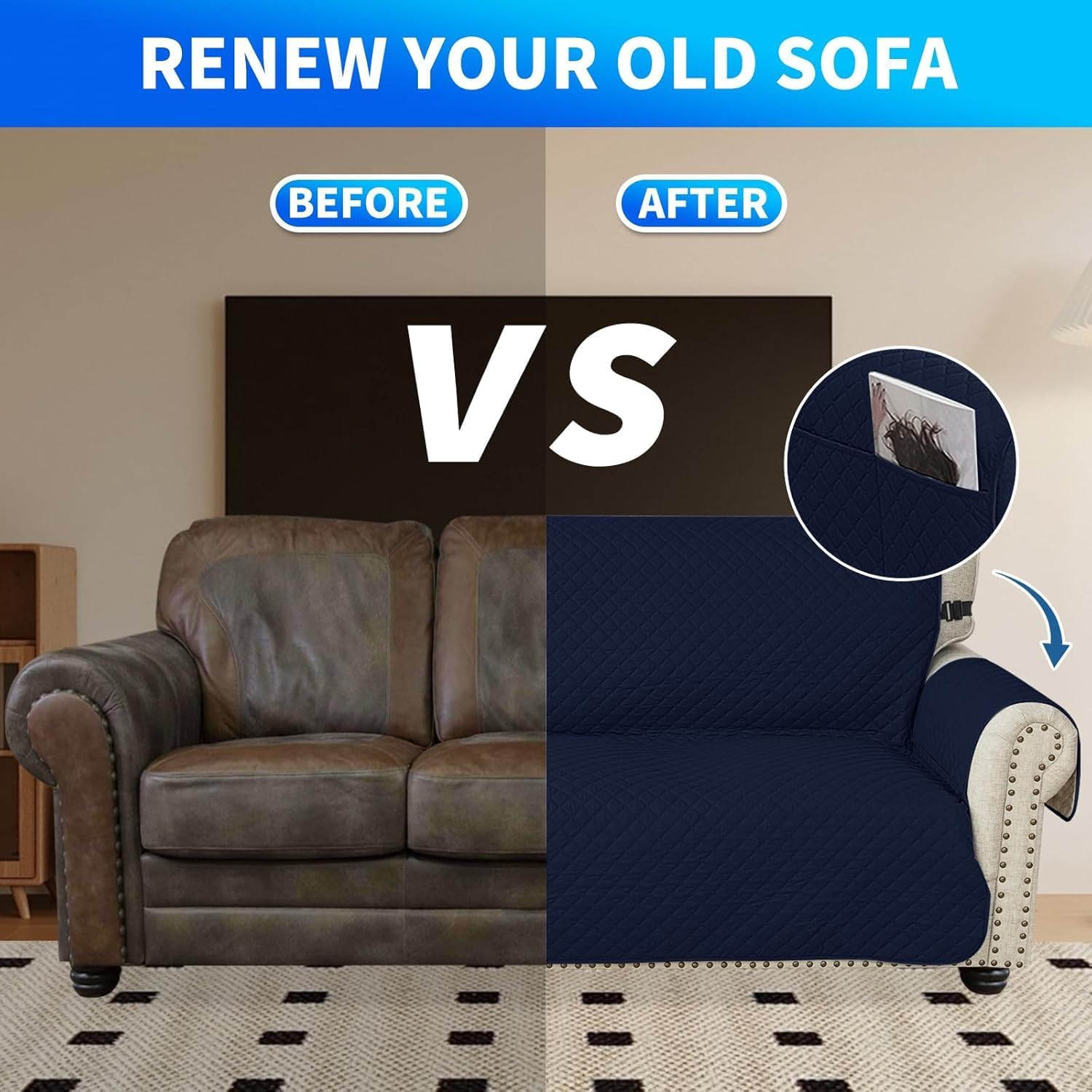 Thumbnail 5 de CYCMACO Couvre canapé imperméable 4 places universel antidérapant avec accoudoirs (bleu foncé)