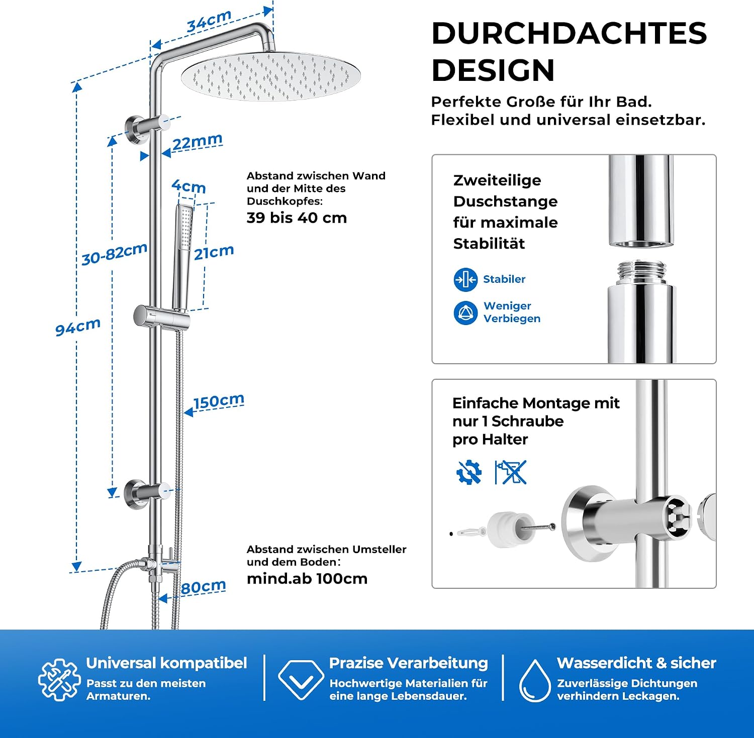 Detalle de Görbach Colonna Doccia in Acciaio Inox Senza Miscelatore, 92 cm, Soffione Vapore 25 cm e Doccetta a Mano