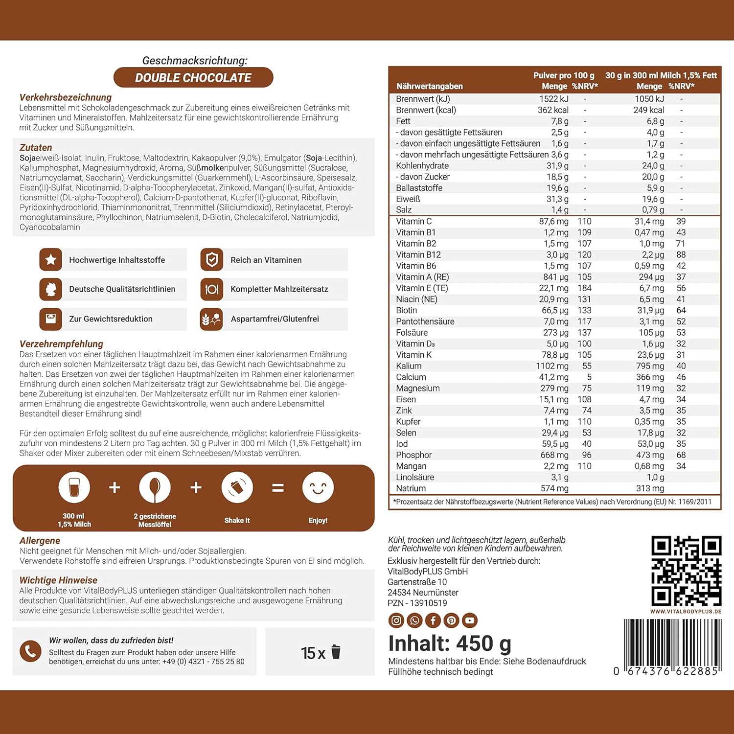 Thumbnail 1 de VitalBodyPLUS DailyShake Double Chocolate (450 g) – kalorienarmer Mahlzeitenersatz zum Abnehmen