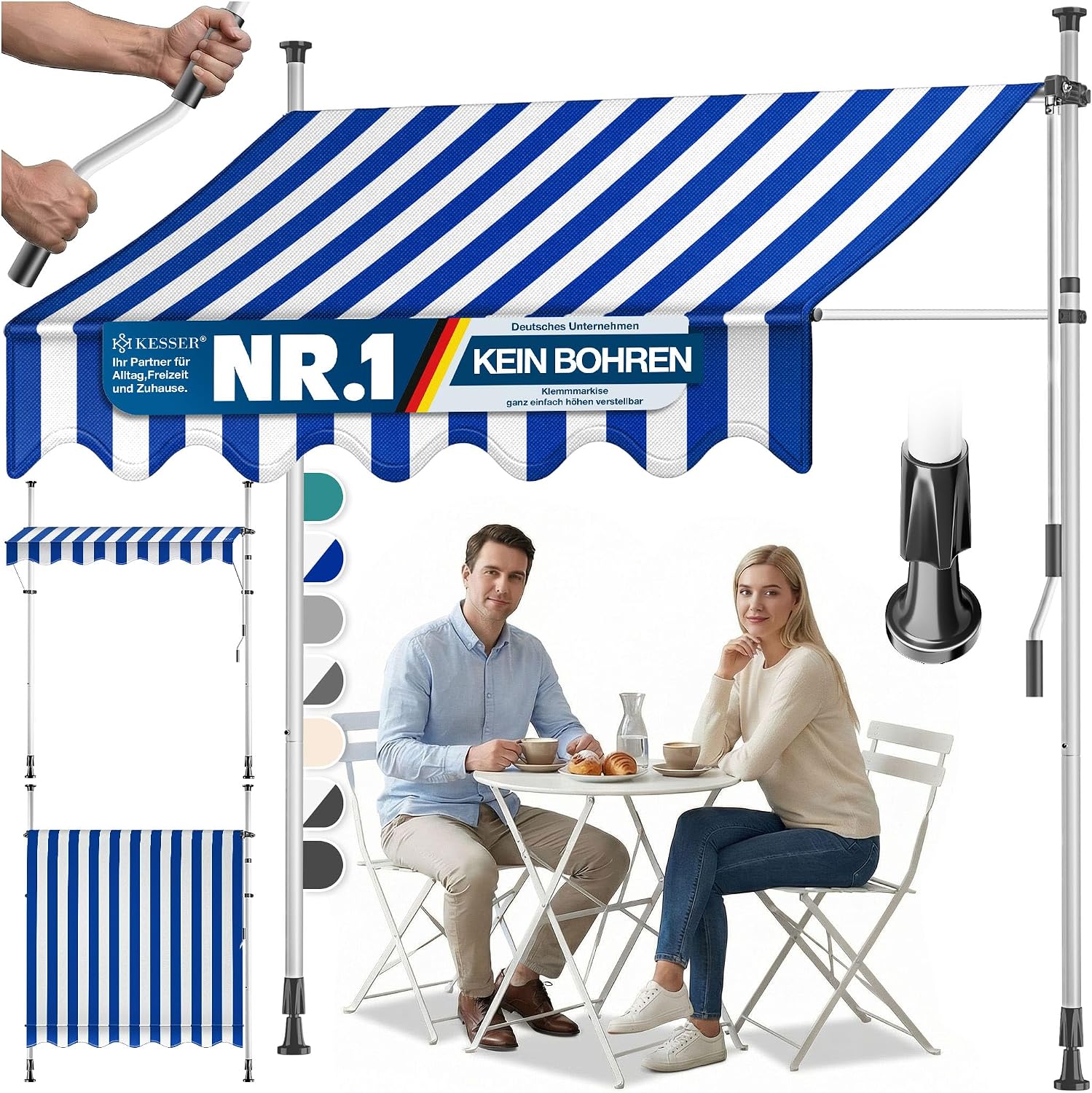 Detalle de KESSER® Klemmmarkise mit Handkurbel für Balkon – 250 cm Breite