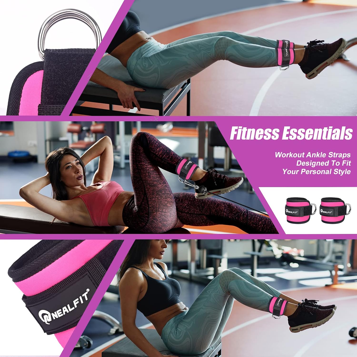 Thumbnail 4 de NEALFIT Ankle Straps for Cable Machines, Pink 7 mm Neoprene Pair