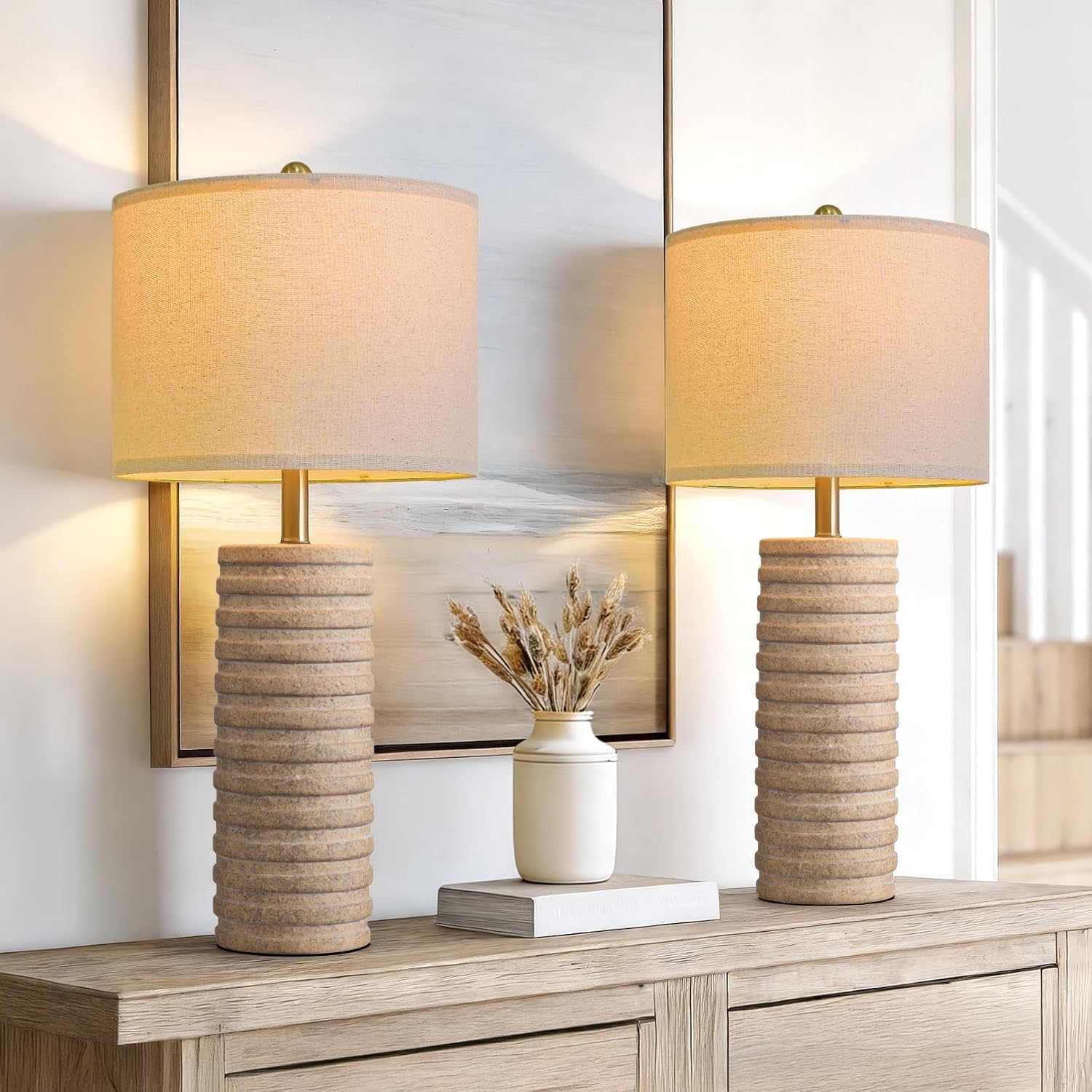 Detalle de PoKat 27-Inch Farmhouse Table Lamp Set of 2, Distressed Ceramic