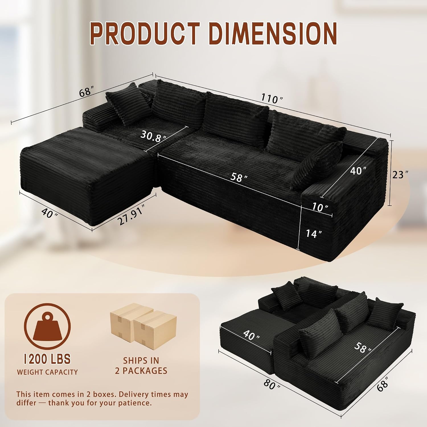 Thumbnail 1 de Korser LSGY-2439BLACK-4 110-Inch Modular Sectional Sofa, Corduroy, Chaise