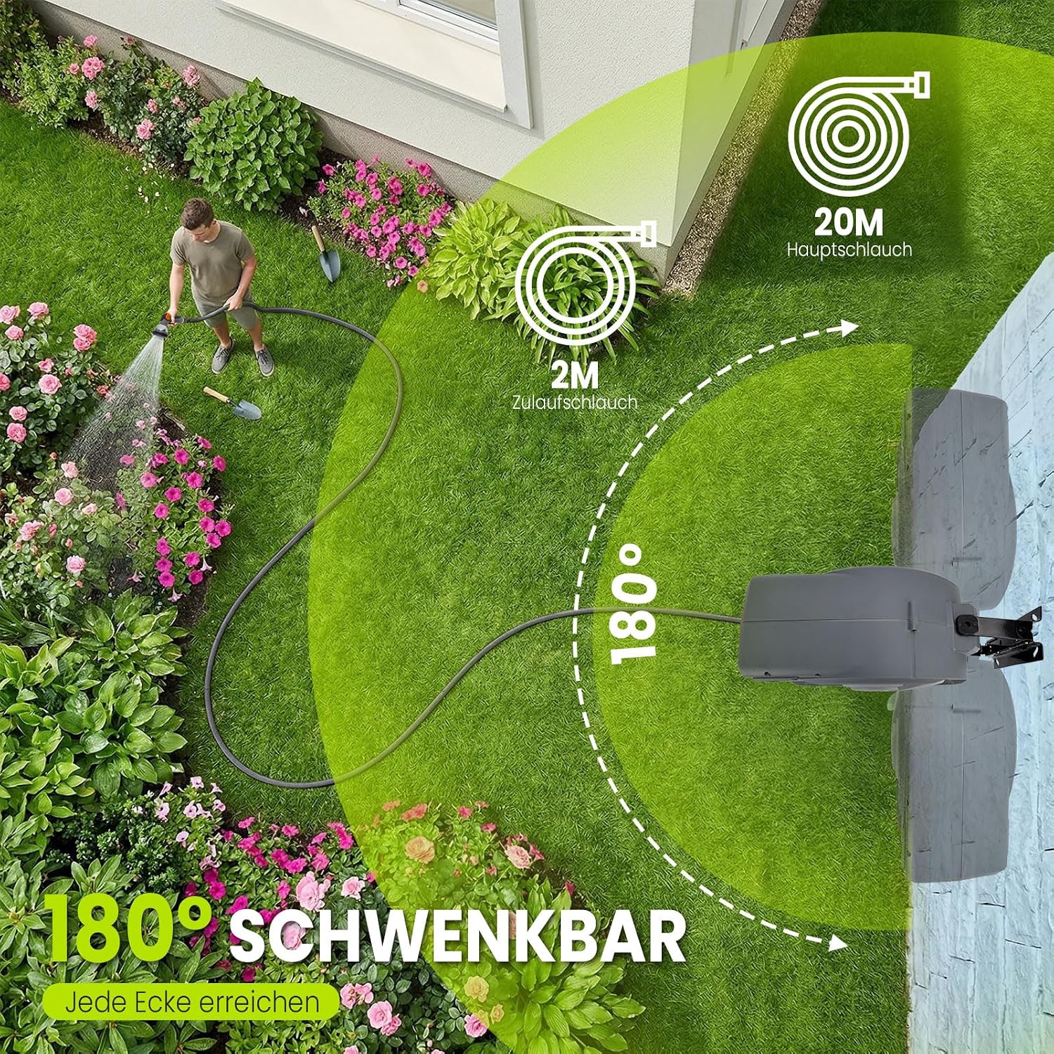 Detalle de Bietor Schlauchtrommel Wasser 45m + 2m – 180° Schwenkbare Wandhalterung, automatische Aufrollung mit 10‑Funktionen Sprühdüse