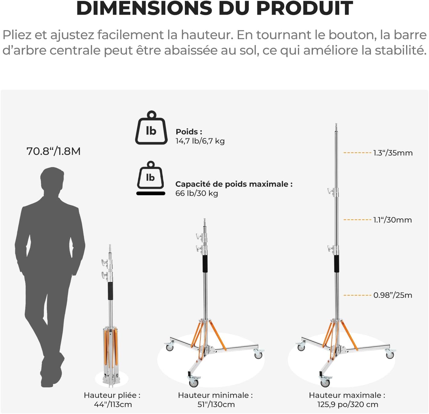 Detalle 2 de K&F CONCEPT 330 cm C‑Stand acier inoxydable 30 kg