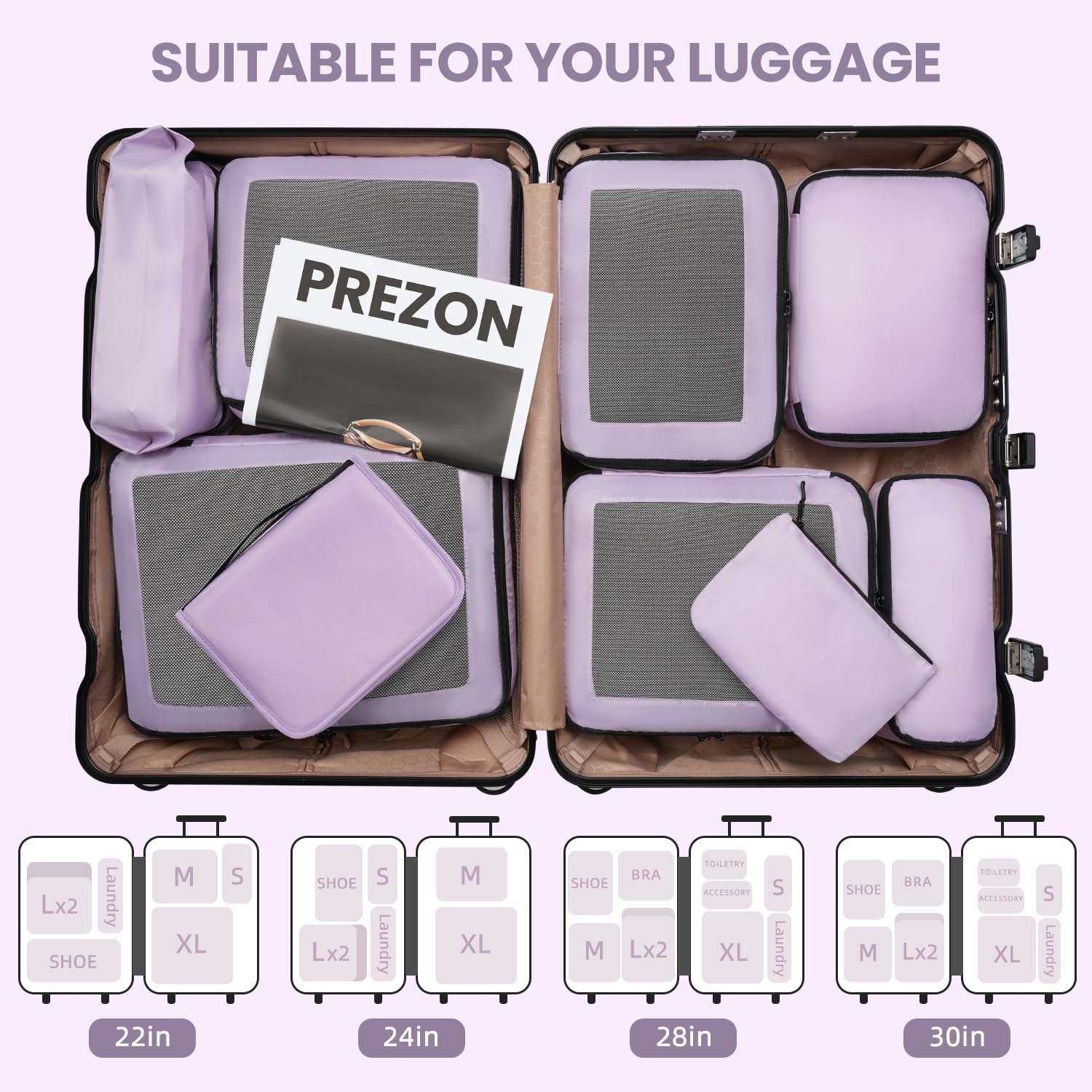 Thumbnail 6 de Prezon Cubi da viaggio per valigia – set da 10 organizer leggeri in viola