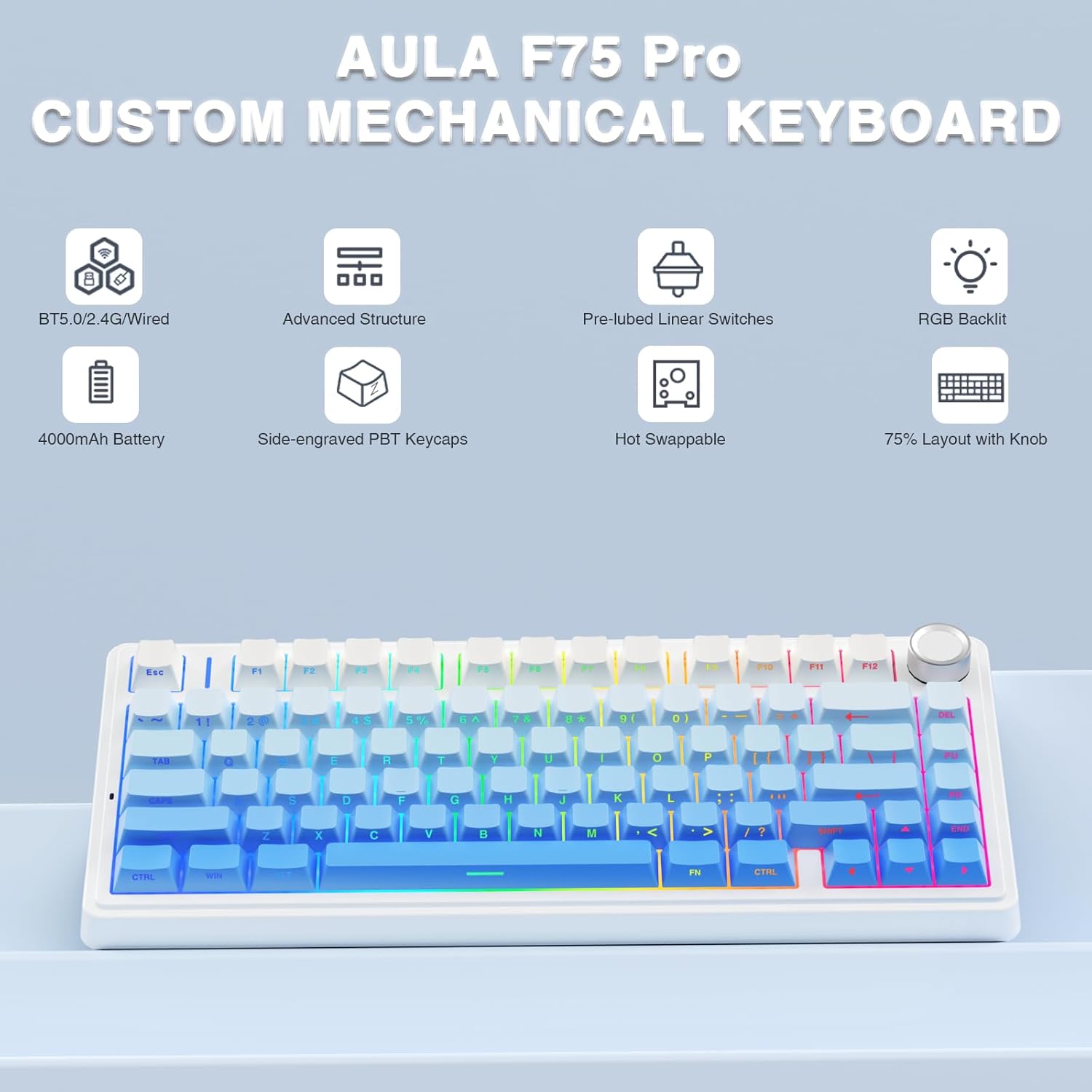 Detalle de AULA F75 Mechanische Tastatur Gaming – 75% Layout, Triple-Mode, Hot-Swap, RGB