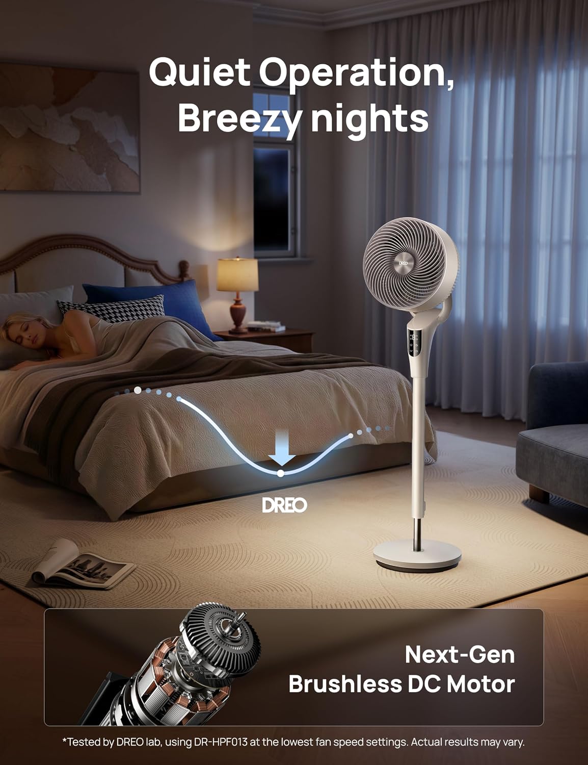 Detalle de DREO 2026 Upgraded Fan for Bedroom (90° Oscillating Standing Fan) — 90 ft Airflow, DC Motor, Quiet 20dB