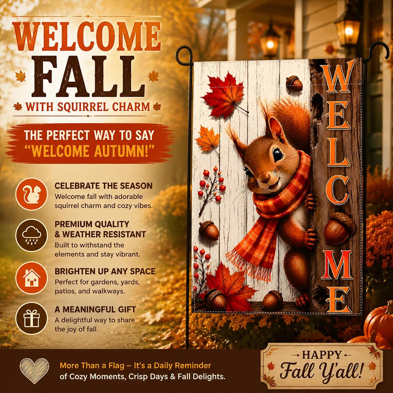 Detalle de OHOME Fall Squirrel Welcome Garden Flag, Double-Sided 12 x 18-Inch Polyester