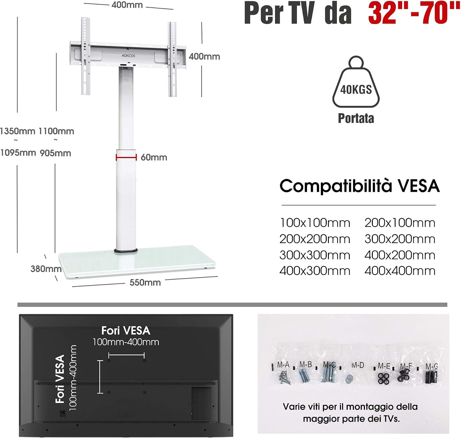 Thumbnail 5 de AOKCOS Supporto TV da Pavimento inclinabile per 32–70 pollici: stabilità, angolo regolabile e montaggio a terra