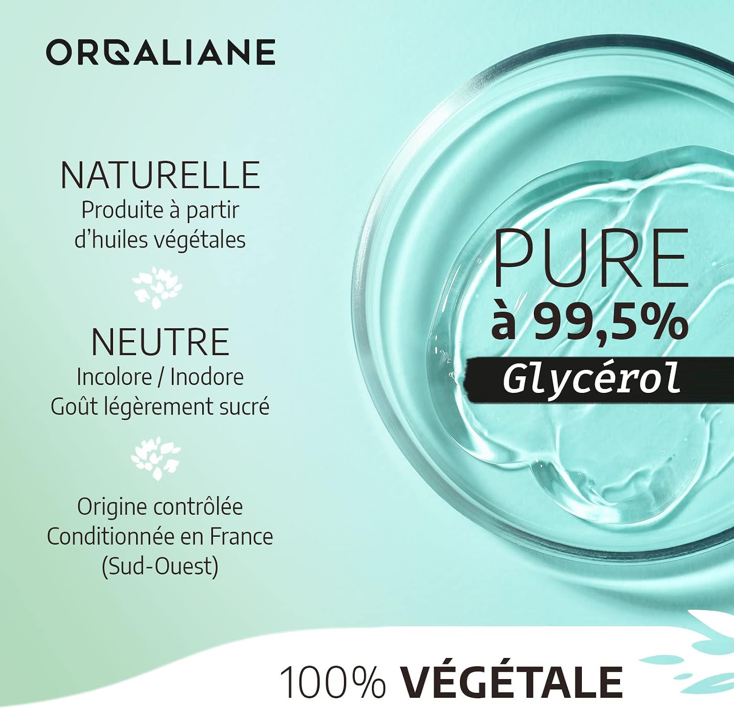 Detalle de Orgaliane Glycérine Végétale 1,25 kg, 100 % végétale et alimentaire
