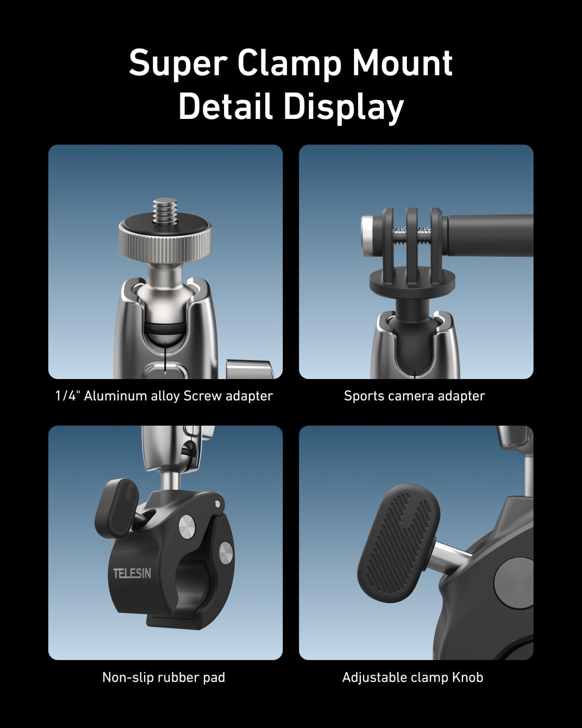 Thumbnail 6 de TELESIN Bike Handlebar Clamp Mount for Action Cameras — 360° Rotatable, Aluminum Alloy