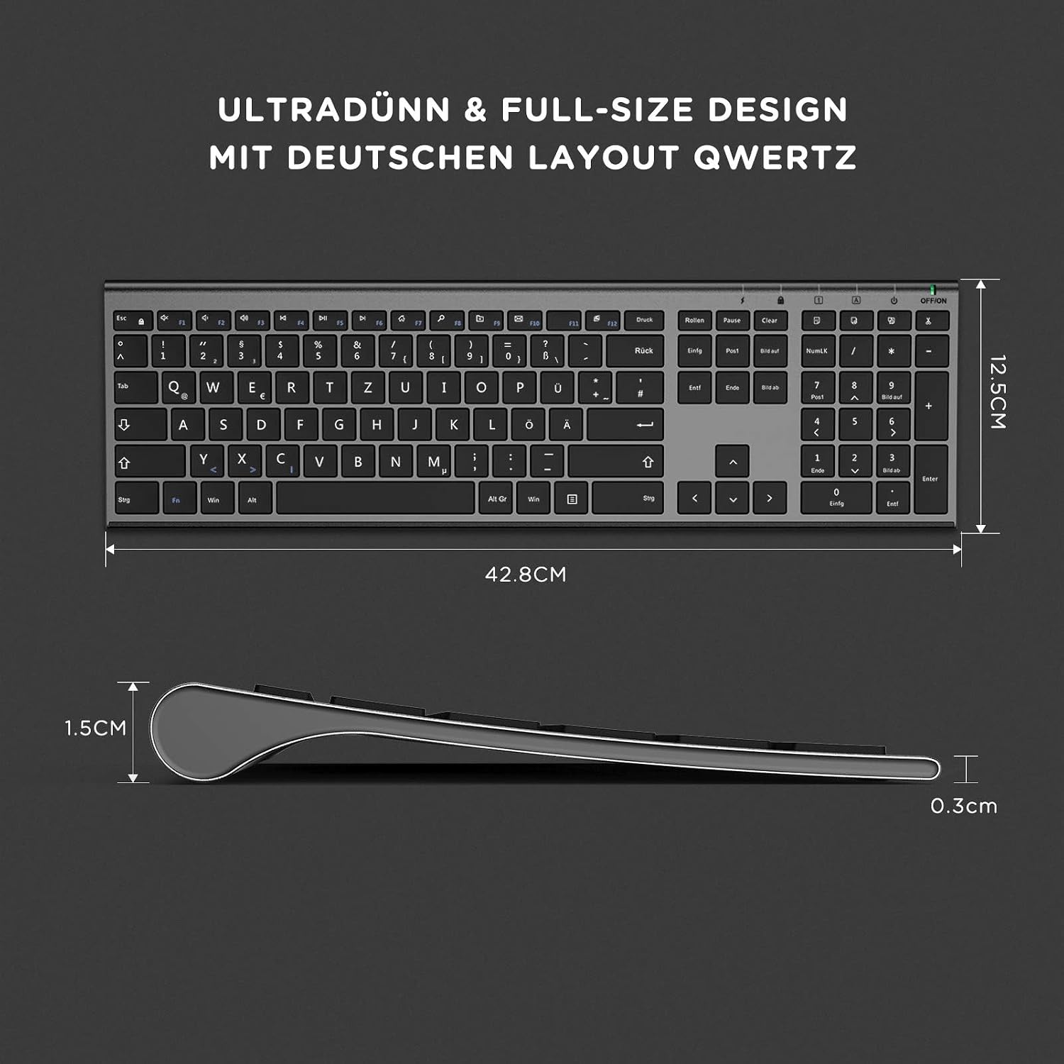 Thumbnail 1 de seenda KS15F kabelloses Tastatur-Maus-Set 2,4G (QWERTZ) ultraflach, wiederaufladbar, Grau/Schwarz