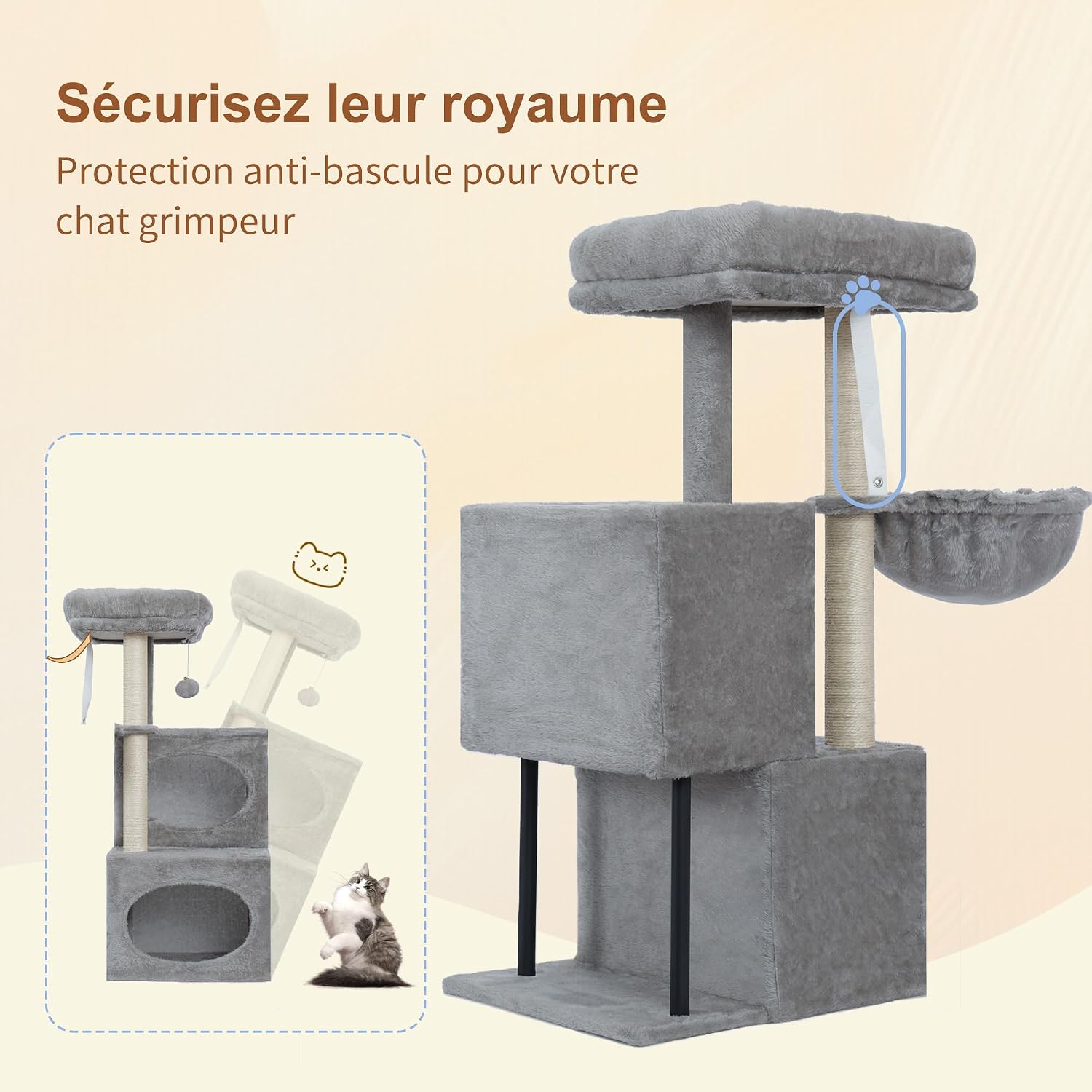 Thumbnail 6 de Heybly Arbre à Chat, 92 cm – Escalier avec 2 Niches, Gaine SISAL et Plateforme supérieure, Gris Clair (HCT201SW)