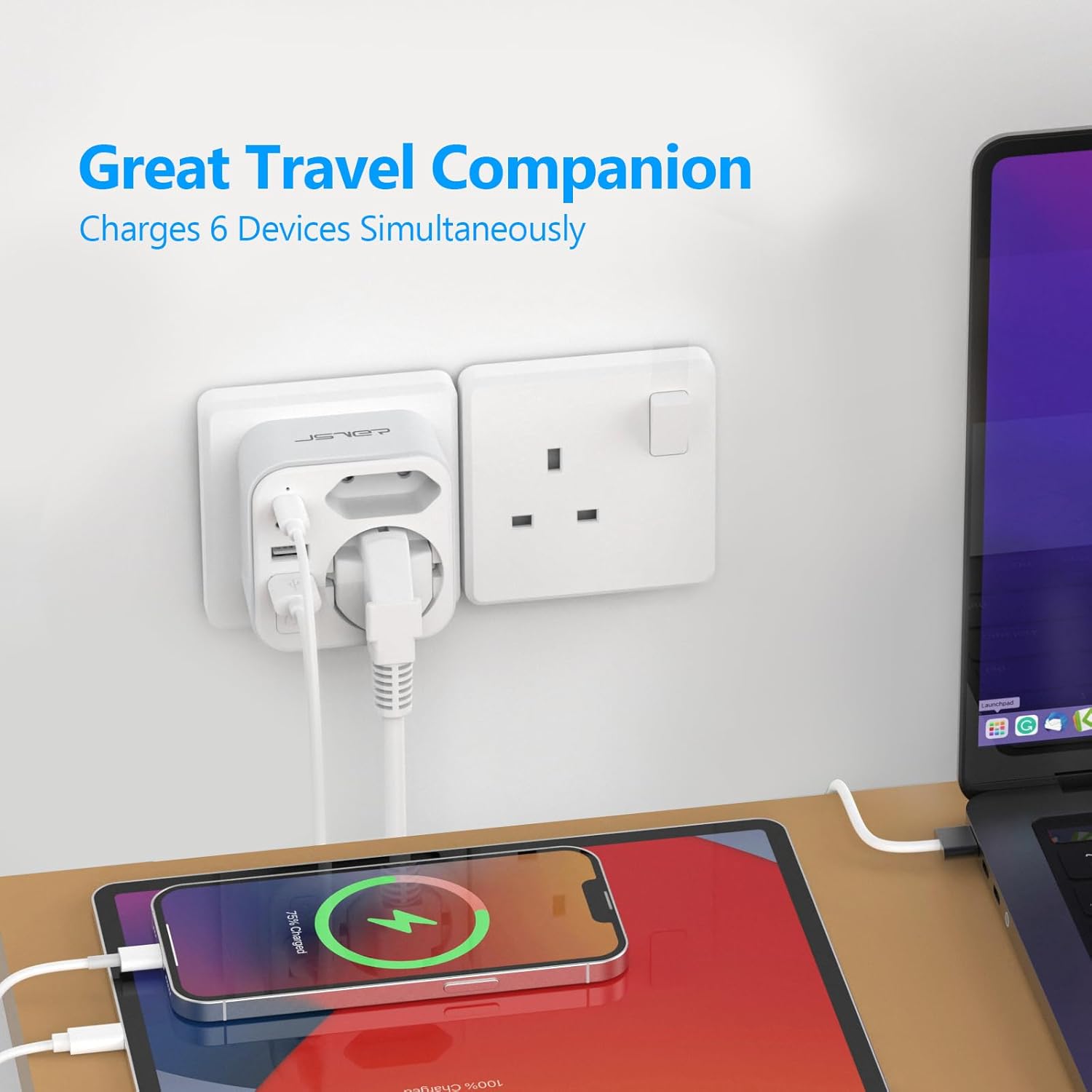 Thumbnail 5 de JSVER Adaptateur prise anglaise pour voyage France/Europe vers UK – 2 USB-C, 2 USB-A, 3680 W (Type G, blanc)