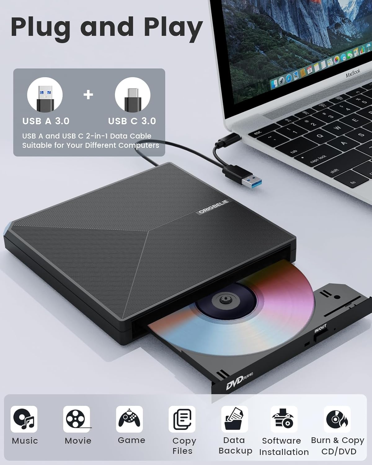 Thumbnail 1 de ORIGBELIE Masterizzatore DVD Esterno: Versatilità Portatile con USB 3.0 e USB-C