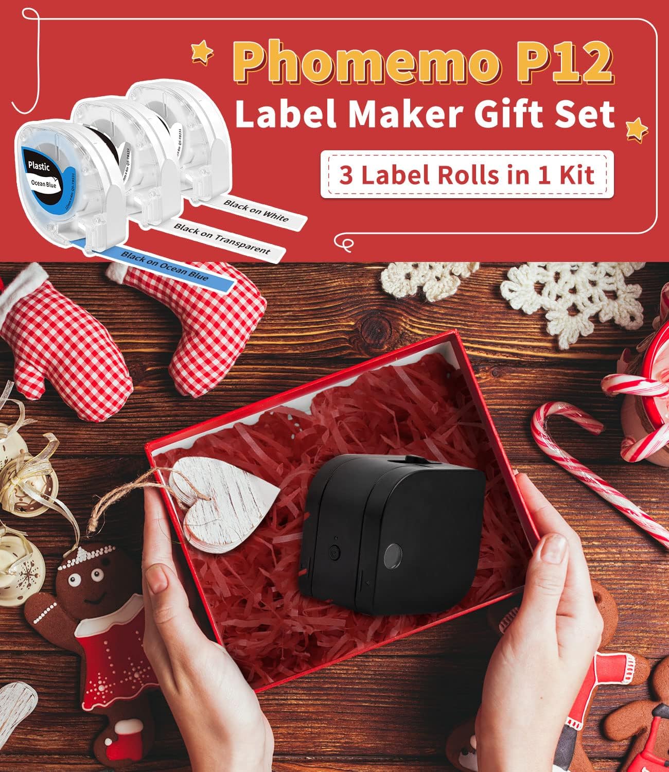 Thumbnail 1 de Phomemo P12 Beschriftungsgerät-Set mit Bluetooth & 3 Rollen farbiger Etiketten