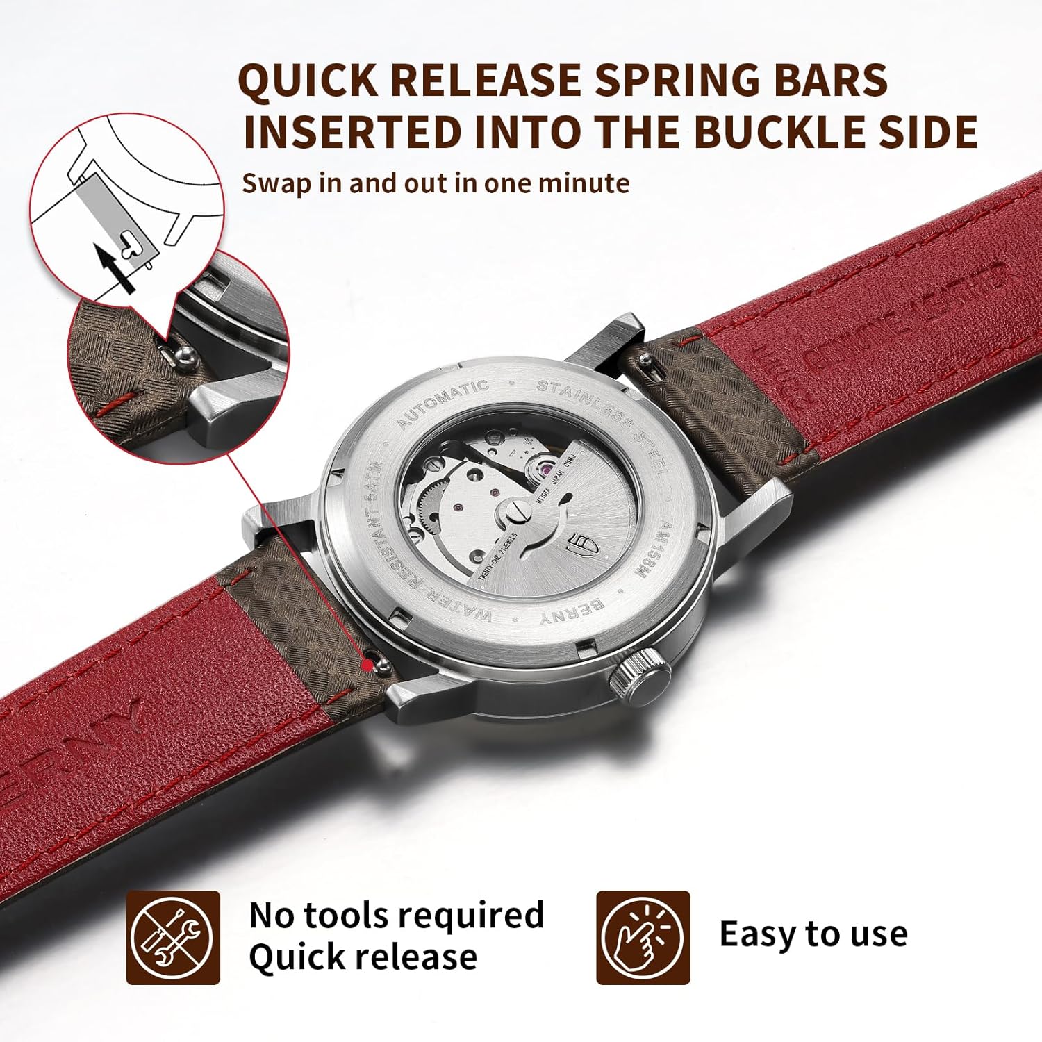 Thumbnail 4 de BERNY Quick Release Echtleder Uhrenarmband mit Rastermuster – Schnellwechsel, 20 mm & 22 mm