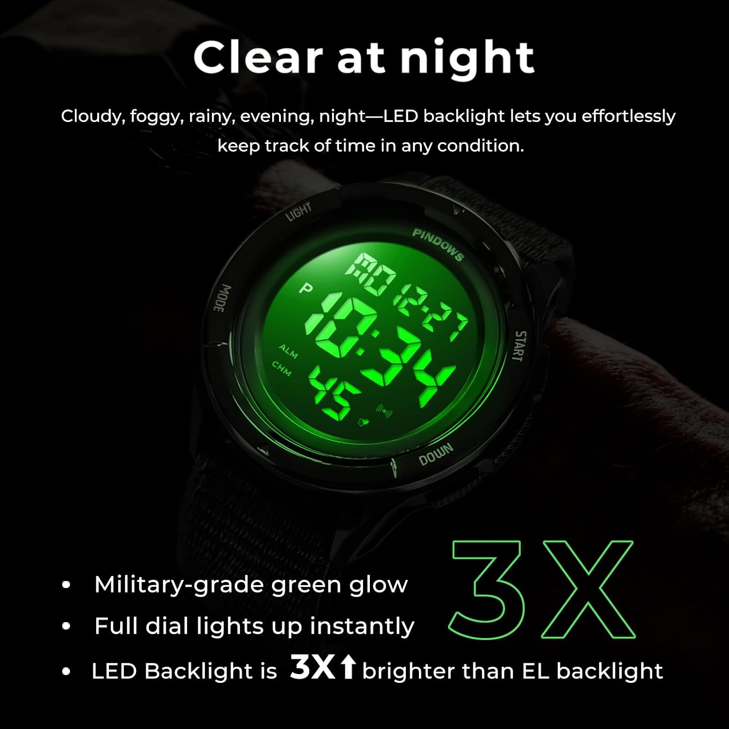 Detalle de PINDOWS Mens Digital Watch: 50m Waterproof, Army-Grade Durability with Velcro Strap