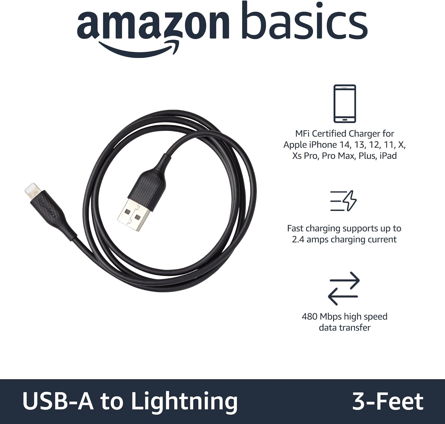 Thumbnail 1 de Amazon Basics 2-Pack USB-A to Lightning Charger Cable (MFi certified), 0.9 m, Black