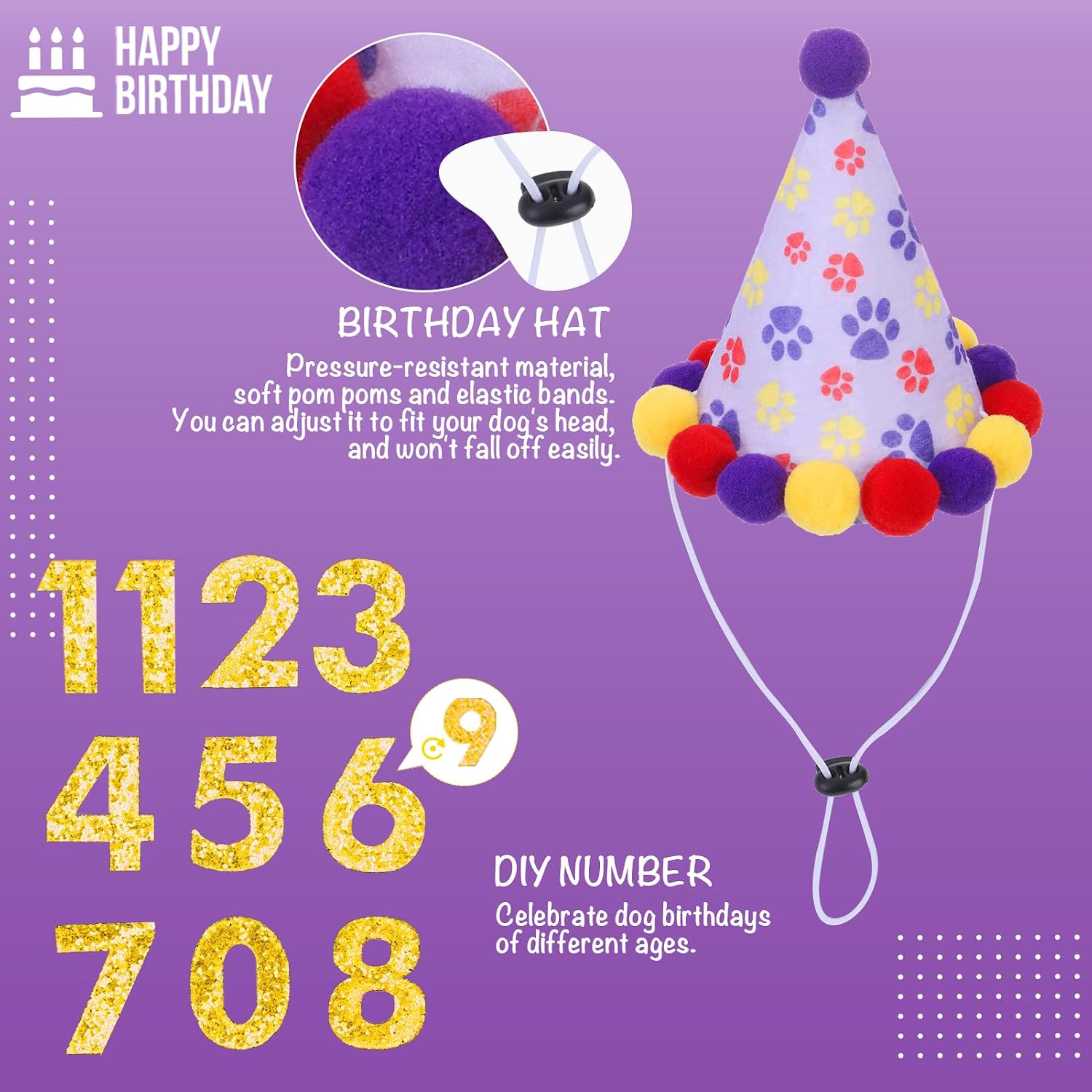 Detalle 2 de KOOLTAIL Dog Birthday Bandana Hat Squeaky Cake Plush Toy Set (Purple) – Adjustable birthday outfit + squeaky plush