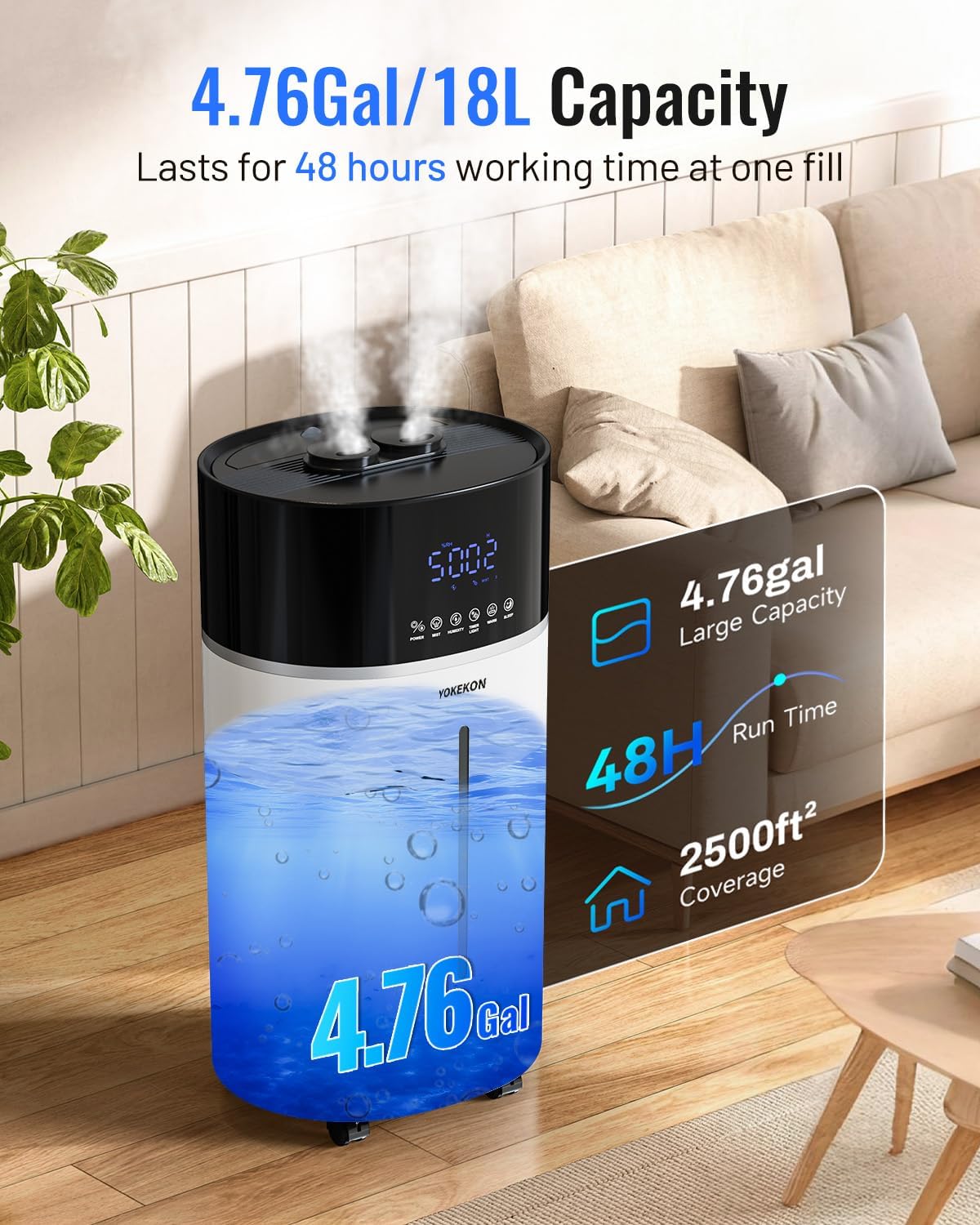 Detalle 2 de YOKEKON KC-MH-303-CA Cool and Warm Mist Humidifier, 18 L, 2,500 sq ft