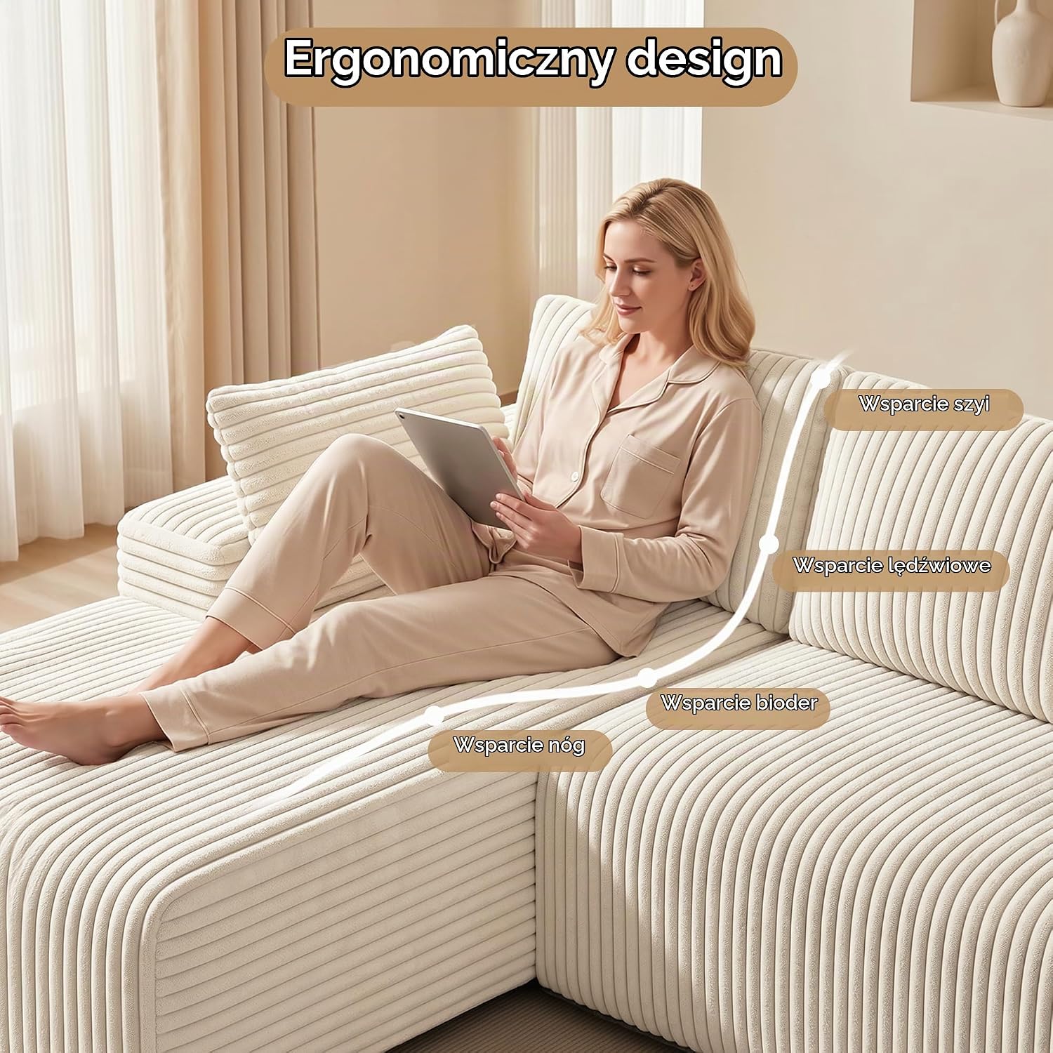 Detalle de Xbro AR45 – modułowa sofa narożna U 320 cm, rozkładana, sztruksowa, beżowa