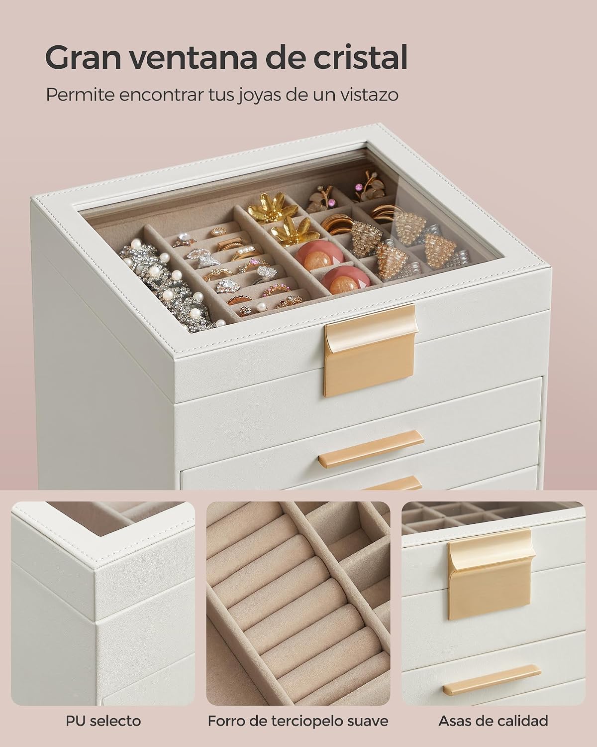 Detalle de SONGMICS Colección GISELLA: Caja de Joyas JBC176W01, 6 Niveles y 45 Compartimentos en Blanco Nube y Dorado