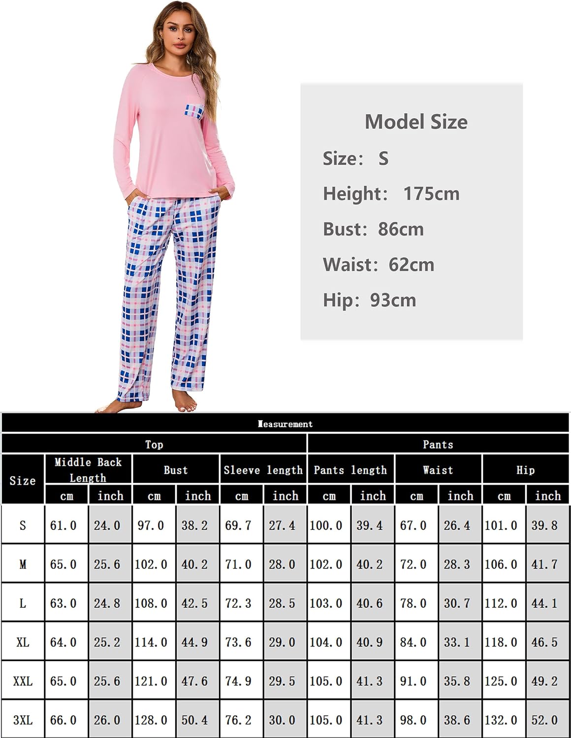 Detalle 2 de Uniexcosm Chemise de Nuit Femme en coton, pyjama hiver 2 pièces à carreaux (col ras du cou, manches longues, pantalon)