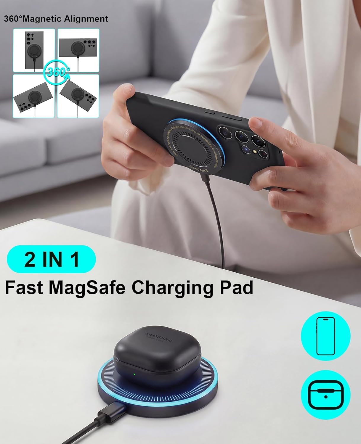 Detalle 2 de Wireless Charger 2Pack 6FT Samsung Magnetic Wireless Charger Fast Charging Pad (15W)