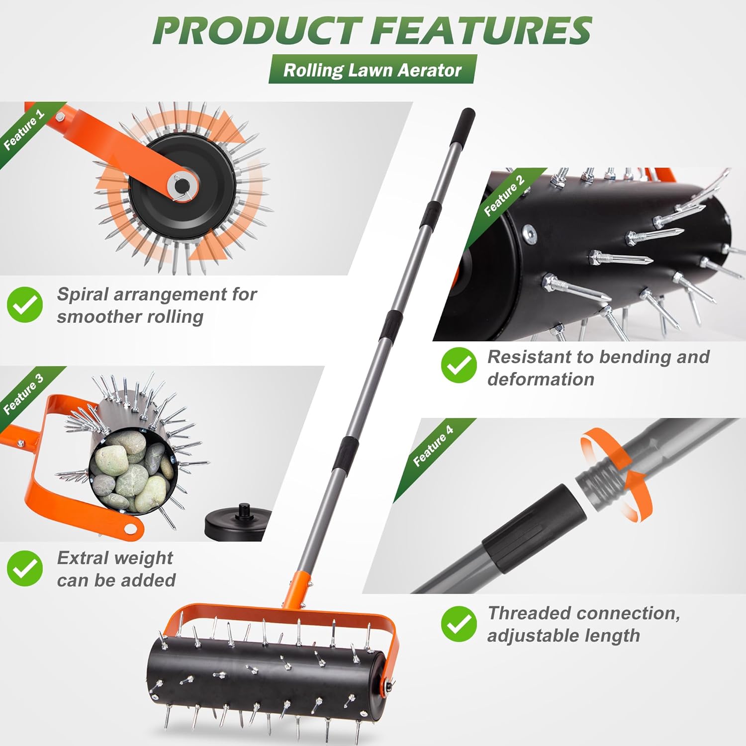 Thumbnail 4 de Walensee Rolling Lawn Aerator: Heavy Duty Manual Spike Aerator with 42 Spikes and 71" Adjustable Handle