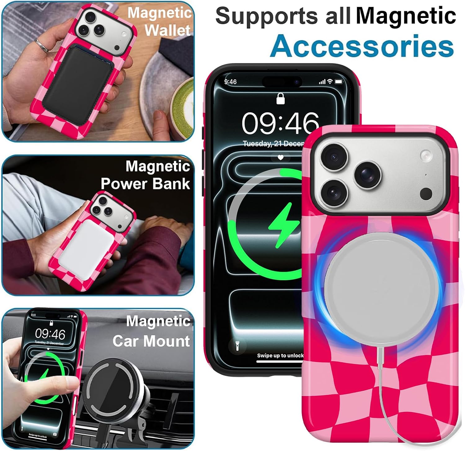 Thumbnail 4 de MZELQ iPhone 17 Pro Case, Hot Pink Checkerboard, Magnetic Glossy Cover