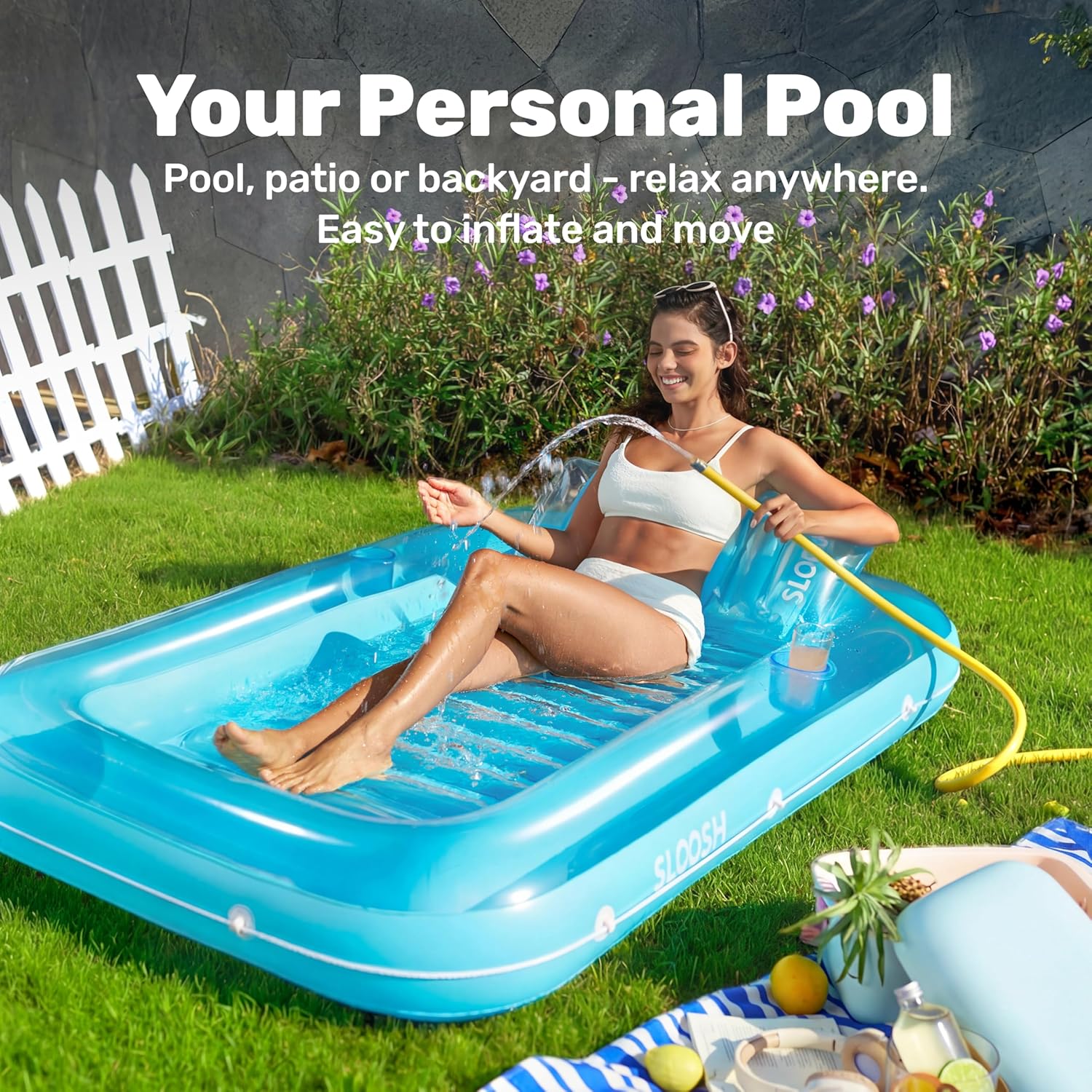 Thumbnail 2 de SLOOSH Inflatable Tanning Pool Lounger Float (70" x 46") with Removable Pillow, L-Blue