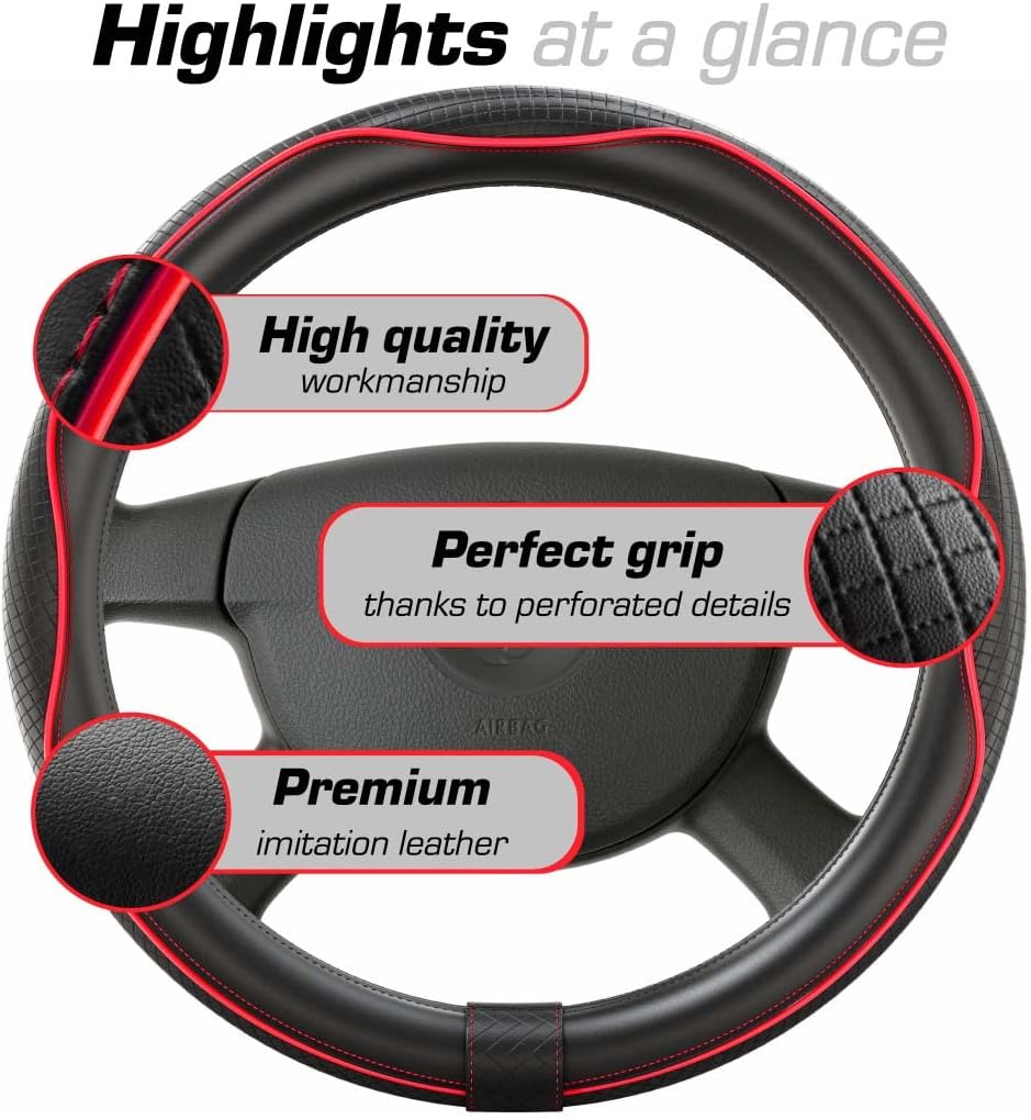 Thumbnail 3 de Upgrade4cars Red & Black Leather Look Steering Wheel Cover – 14.5–15 inch Universal Fit