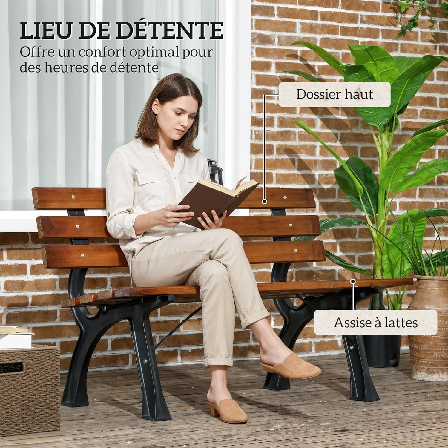 Thumbnail 3 de Outsunny Banc de Jardin Extérieur 2 Places en Aluminium avec Lattes de Bois – 120 cm