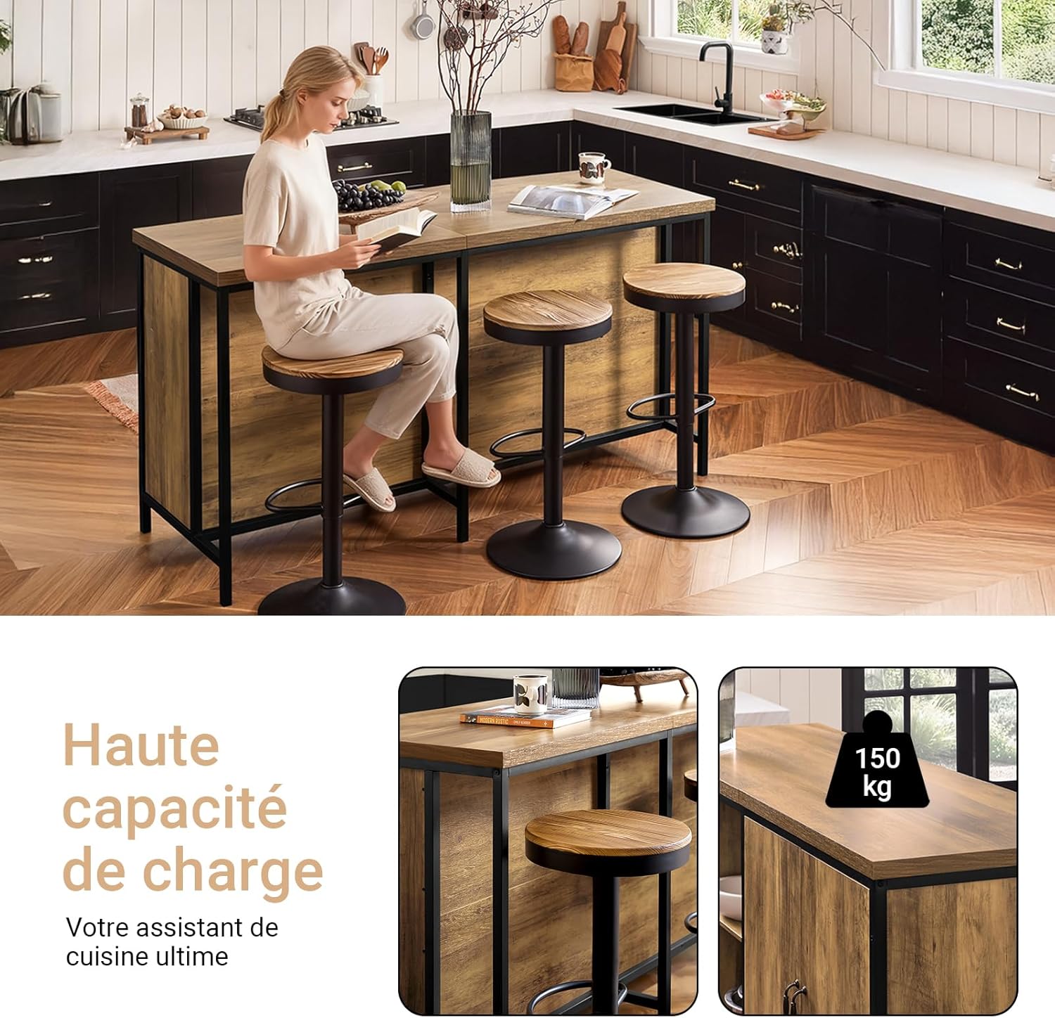 Detalle de SoBuy Îlot de Cuisine KNL01-F — Buffet avec plan de travail 170 cm et rangement polyvalent