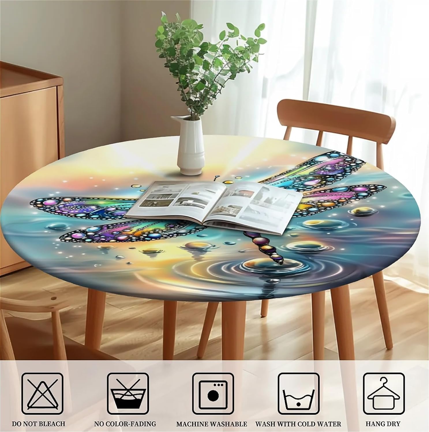 Detalle de artslion Outdoor Round Tablecloth with Elastic Band 44In (110Cm) — Wipe Clean, Diamond Dragonfly