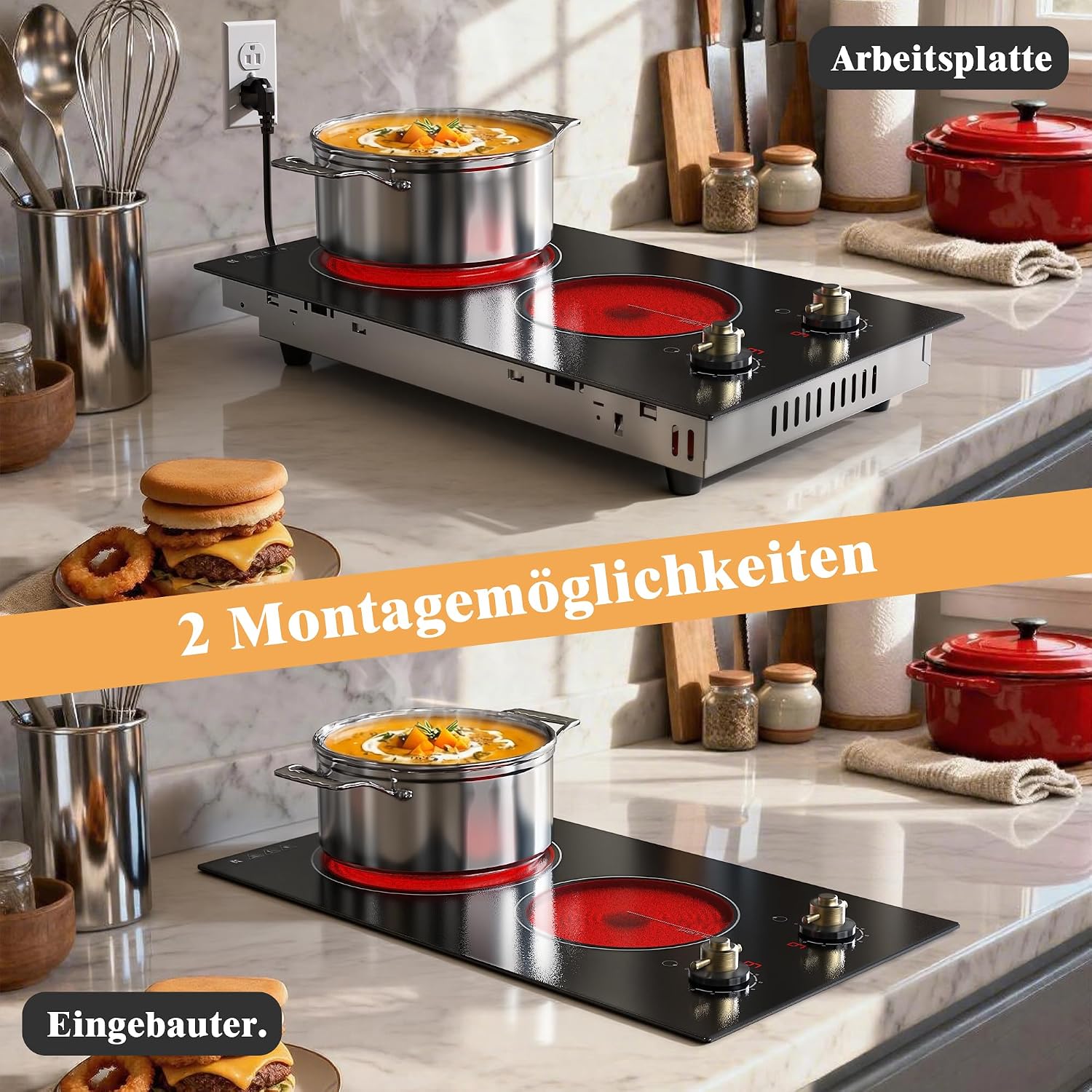 Detalle de Karinear Glaskeramikkochfeld 2 Platten mit Stecker – tragbar, 3000 W, Doppel-Drehknopf, 30 cm, infrarot-heizung